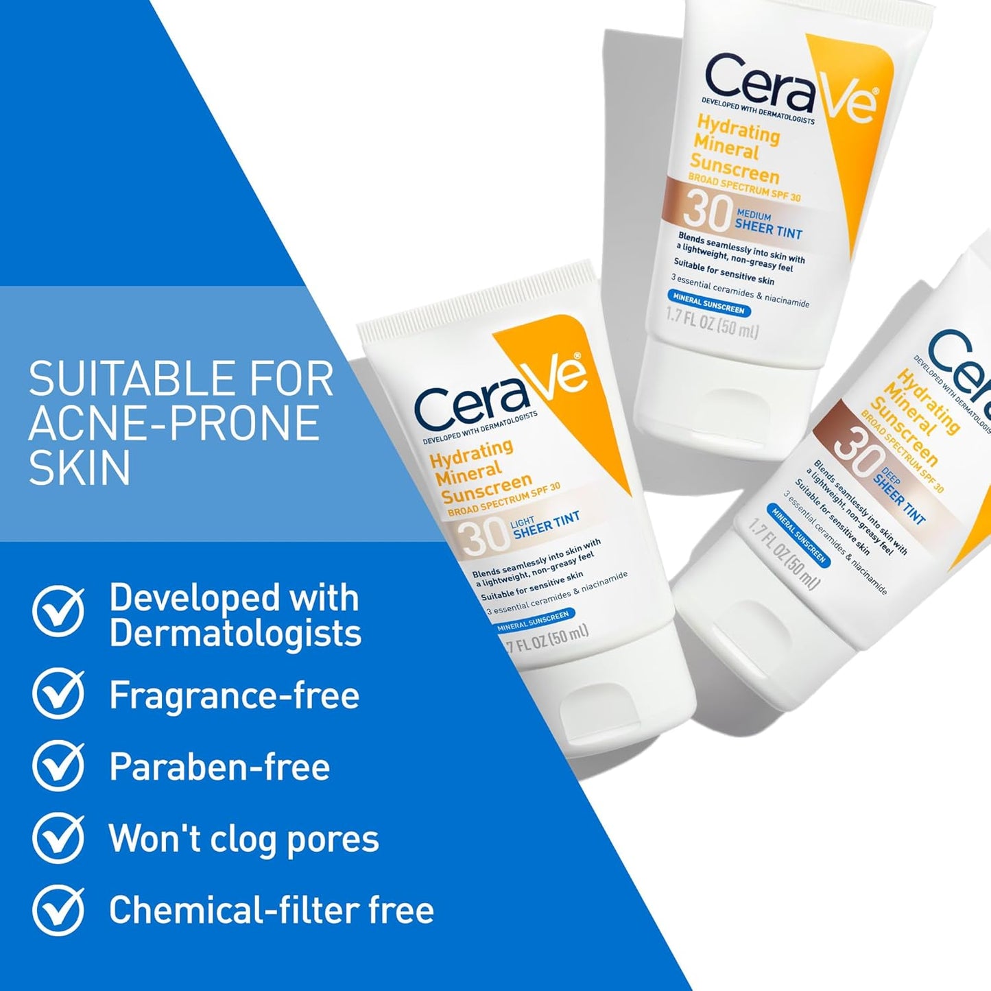 CeraVe Hydrating Tinted Mineral Sunscreen SPF 30 in sheer tint for acne-prone skin, dermatologist-developed and fragrance-free.