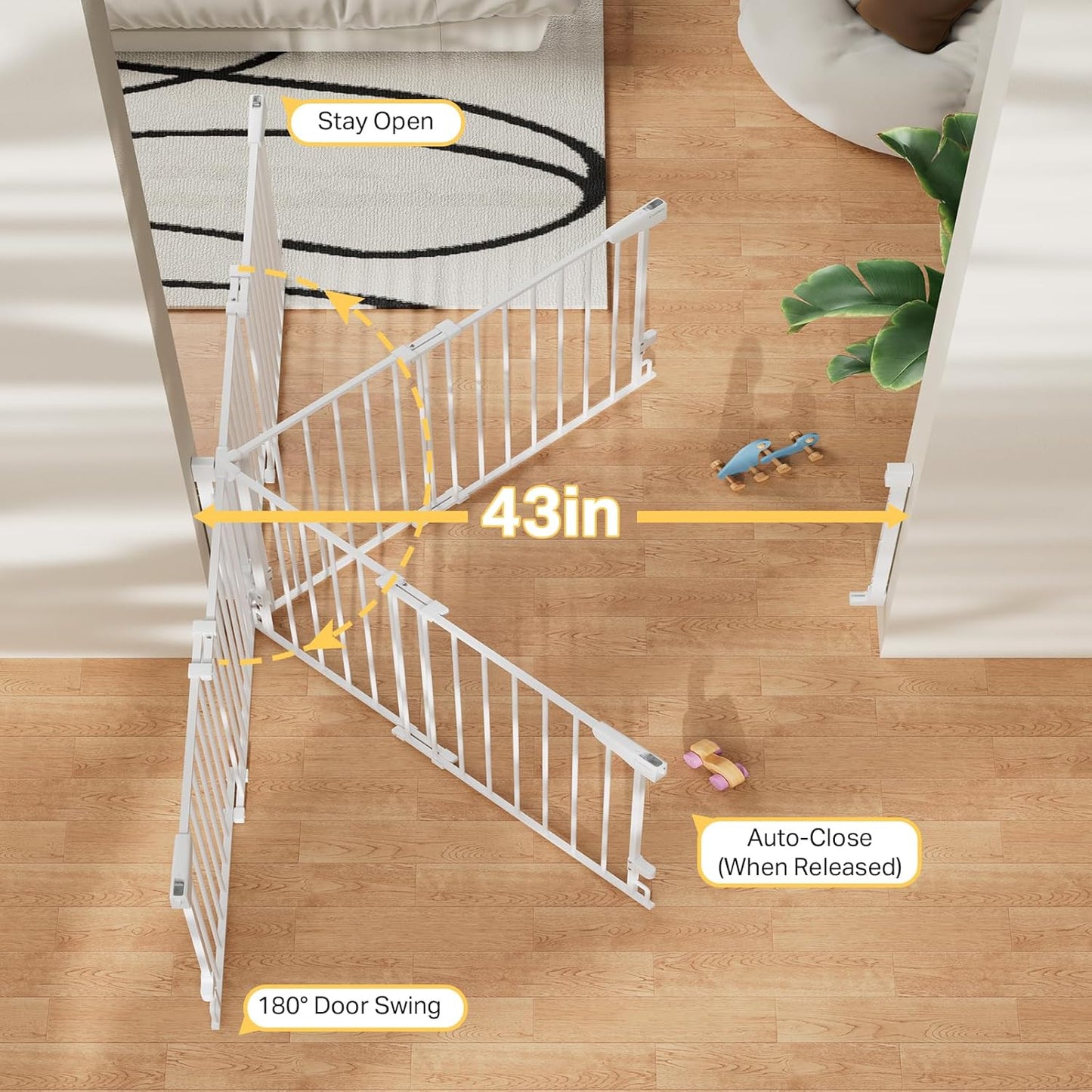 Cumbor 34" Extra Tall No Bottom Bar Baby Gate for Stairs, Hardware Mounted Dog Gate Indoor for Larger Pets, Expandable 29.2-43" Safety Gate for Doorways, Wide Walk Thru Door for Easy Access (White)