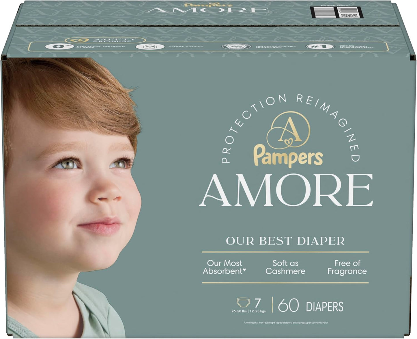 Pampers Amore, Size 7 (26-50 Lbs), 60 Count, Our Best Diaper – Hypoallergenic & Fragrance Free, up to 100% Leakproof, Soft as Cashmere