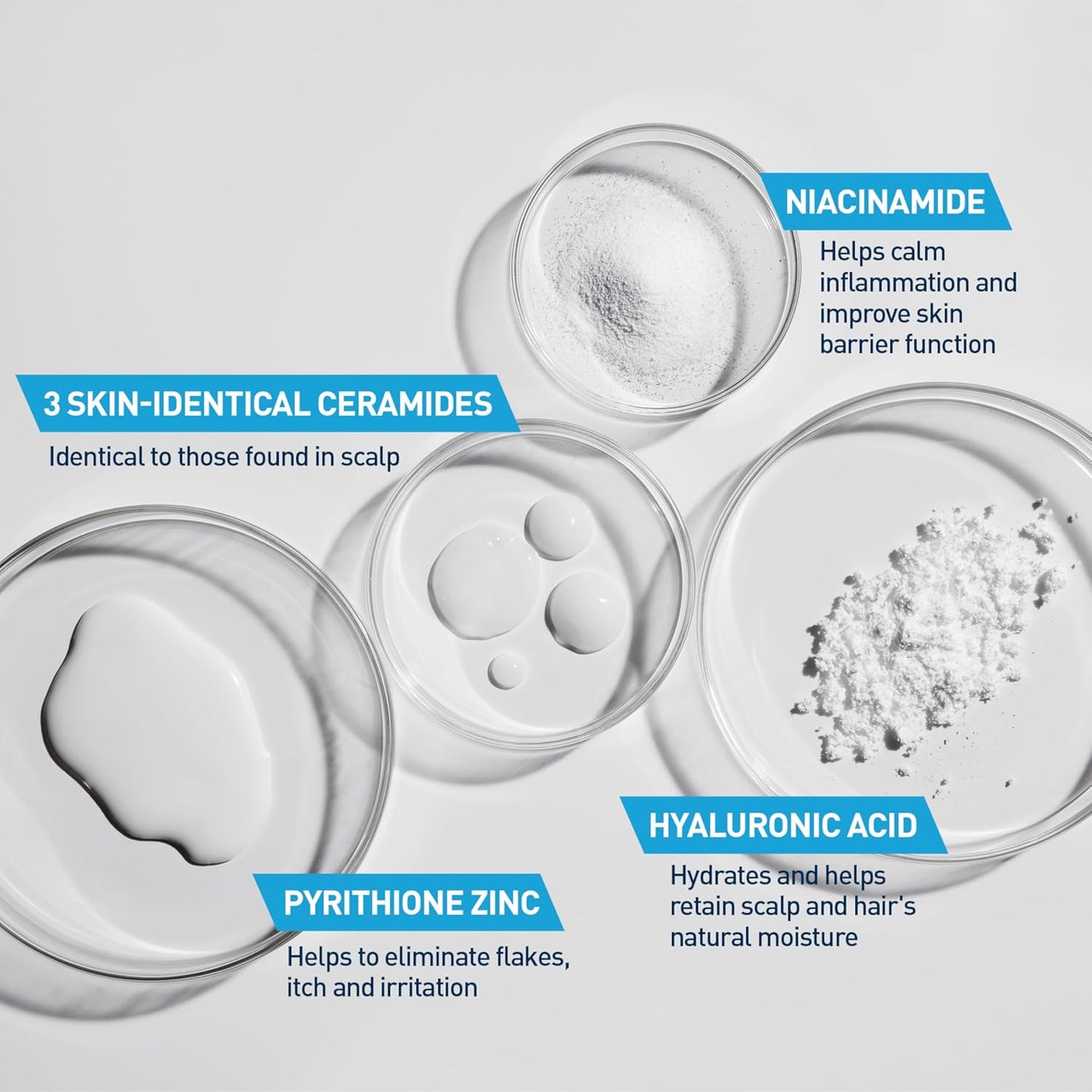 Ingredients of CeraVe anti dandruff shampoo: Niacinamide, Pyrithione Zinc, Hyaluronic Acid, and Ceramides for scalp care.