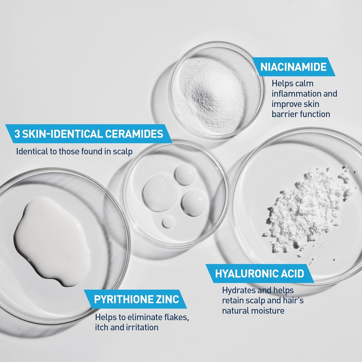 Ingredients of CeraVe anti dandruff shampoo: Niacinamide, Pyrithione Zinc, Hyaluronic Acid, and Ceramides for scalp care.