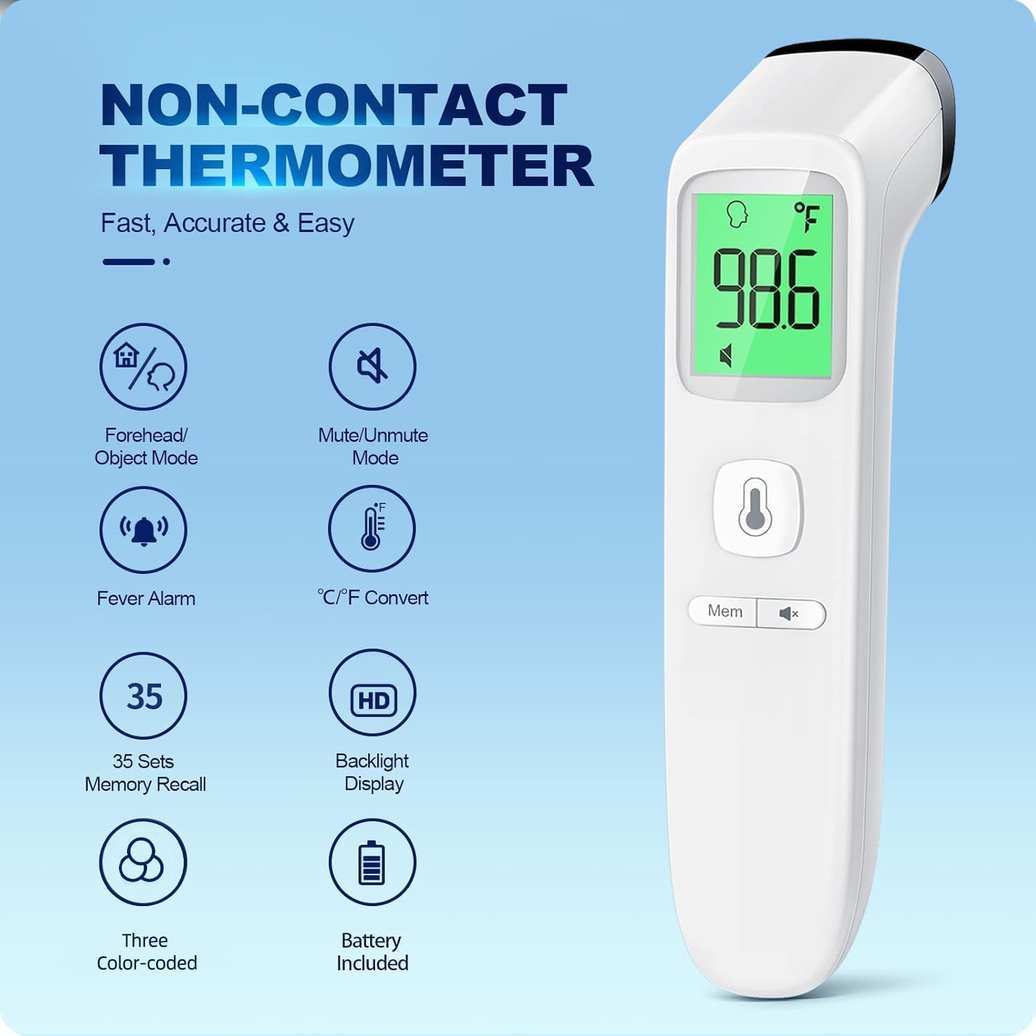 No-Touch Thermometer for Adults and Kids, Digital Accurate Baby Thermometer with Fever Alarm, 1 Second Fast Result, Easy to Use, 2 in 1 Mode
