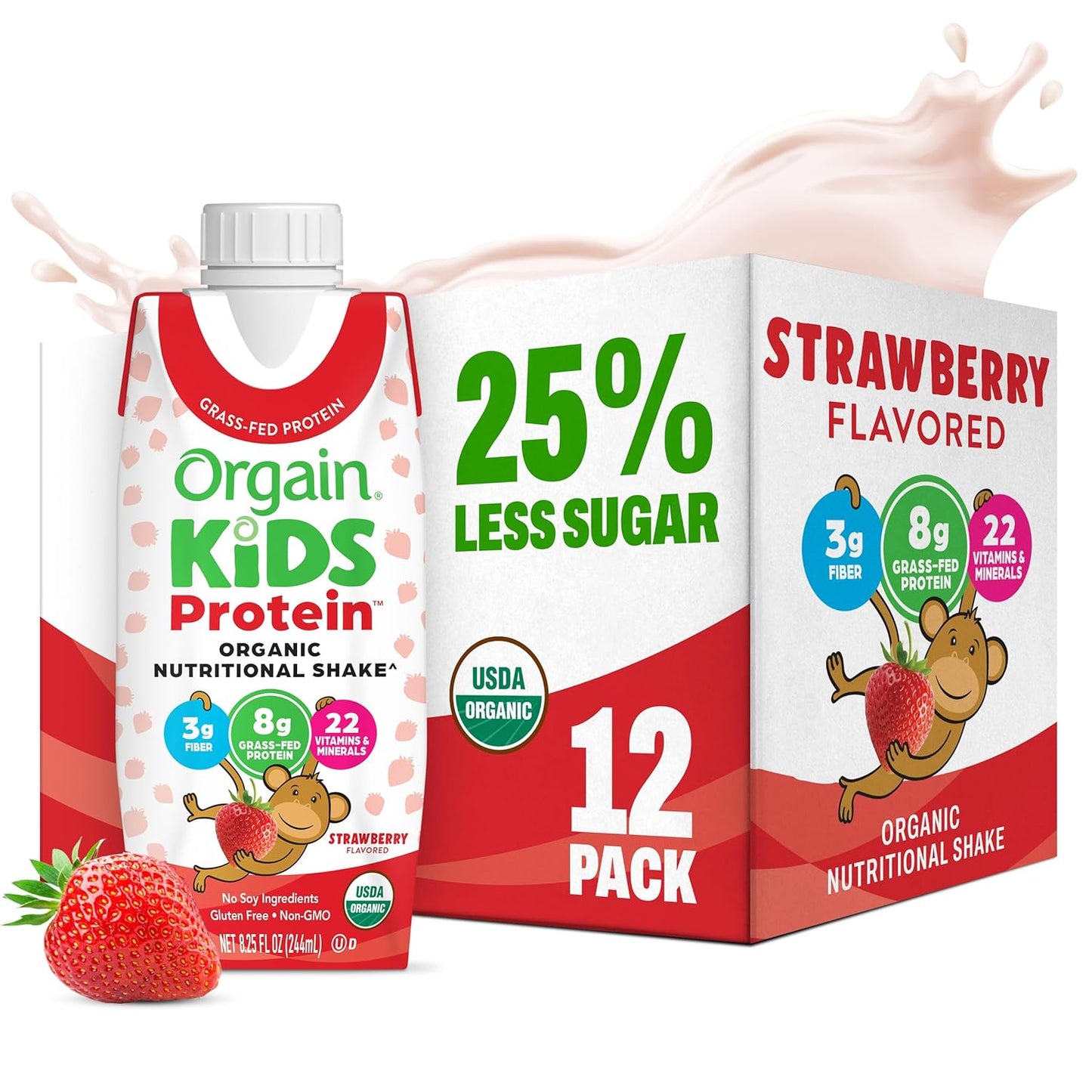 Orgain Organic Kids Nutritional Protein Shake, Strawberry, Healthy Kids Snacks, 8G Dairy Protein, 3G of Fiber, 22 Vitamins & Minerals, No Soy Ingredients, Gluten Free, Non-Gmo, 8.25 Fl Oz (Pack of 12)