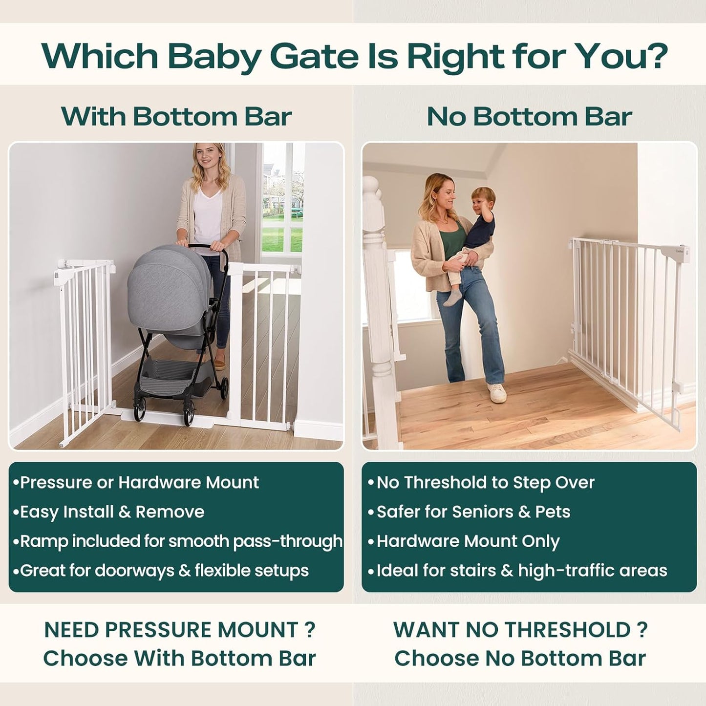 Cumbor 29.2–43" Baby Gate for Stairs, Hardware Mounted (Drill Required), Expandable No Bottom Bar Dog Gate, Auto Close Extra Wide Walk Thru, Pet & Toddler Proof Gate, Top & Bottom of Stairways (White)