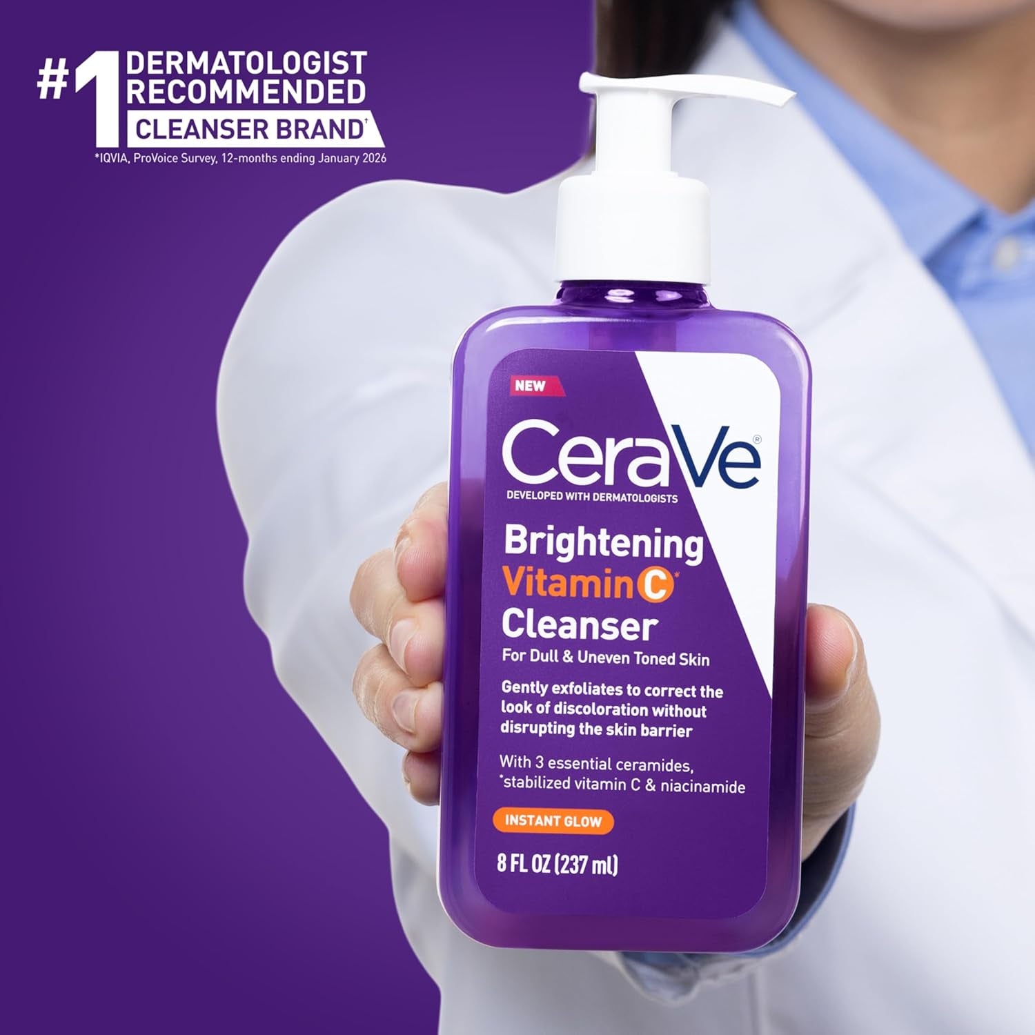 CeraVe Brightening Vitamin C Facial Cleanser in 8 oz bottle for dull and uneven tone skin.