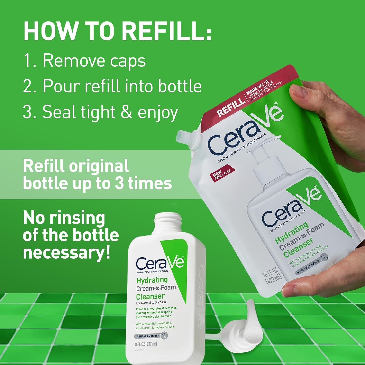 CeraVe hydrating cream to foam cleanser refill instructions on green background.