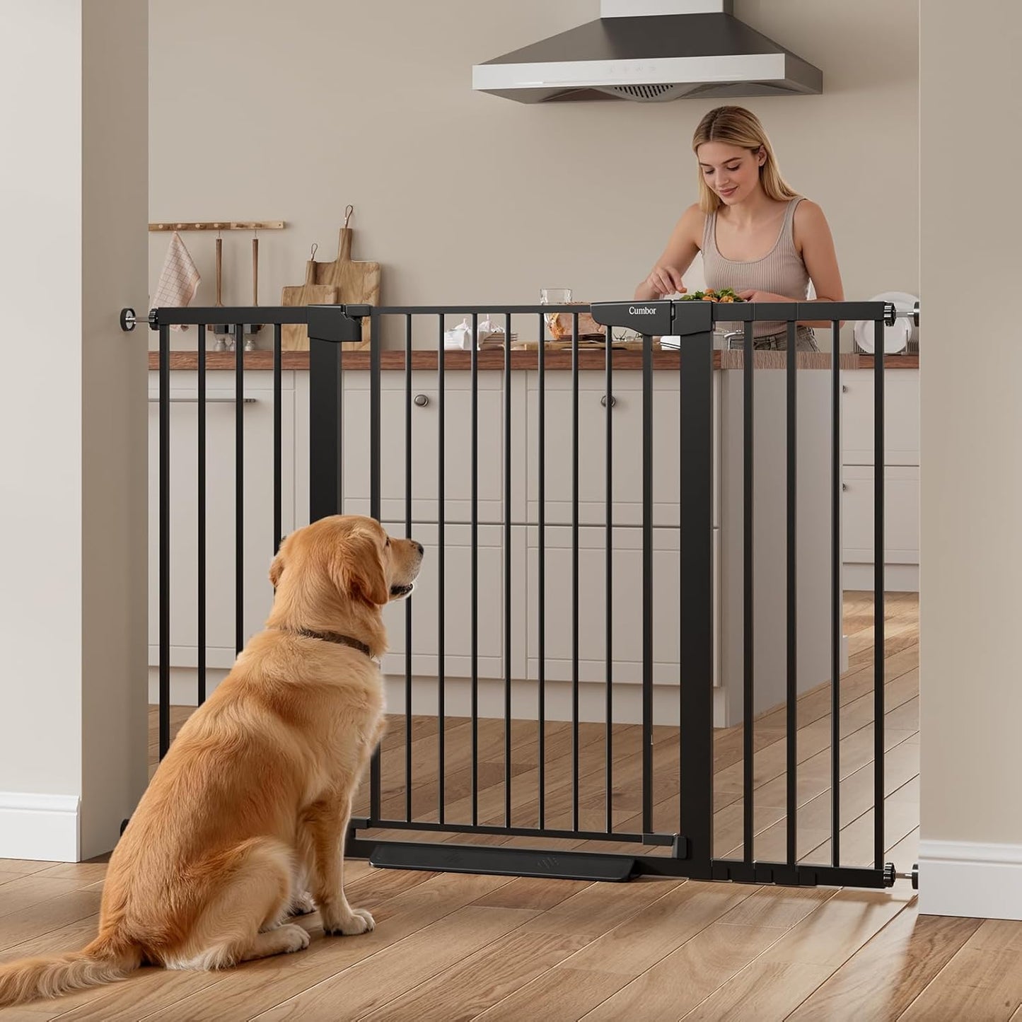 Cumbor 36" Extra Tall Baby Gate, 30-54" Wide Dog Gates for Large Dogs, Dual Lock & Self-Closing Child Gate for Stairs, Doorways & Hallways, Pressure Mounted Safety Proofing for Babies & Pets, Black