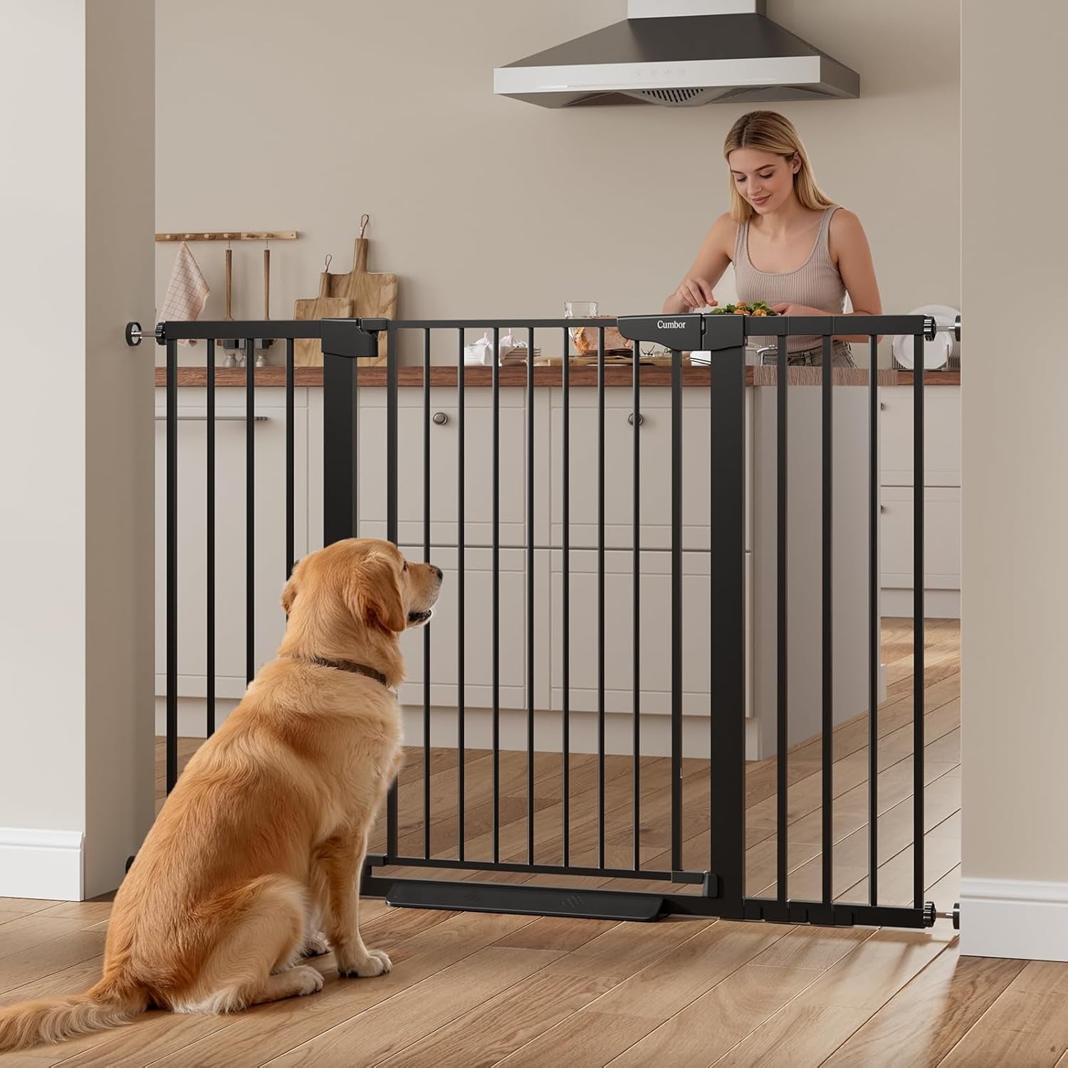 Cumbor 36" Extra Tall Baby Gate, 30-54" Wide Dog Gates for Large Dogs, Dual Lock & Self-Closing Child Gate for Stairs, Doorways & Hallways, Pressure Mounted Safety Proofing for Babies & Pets, Black