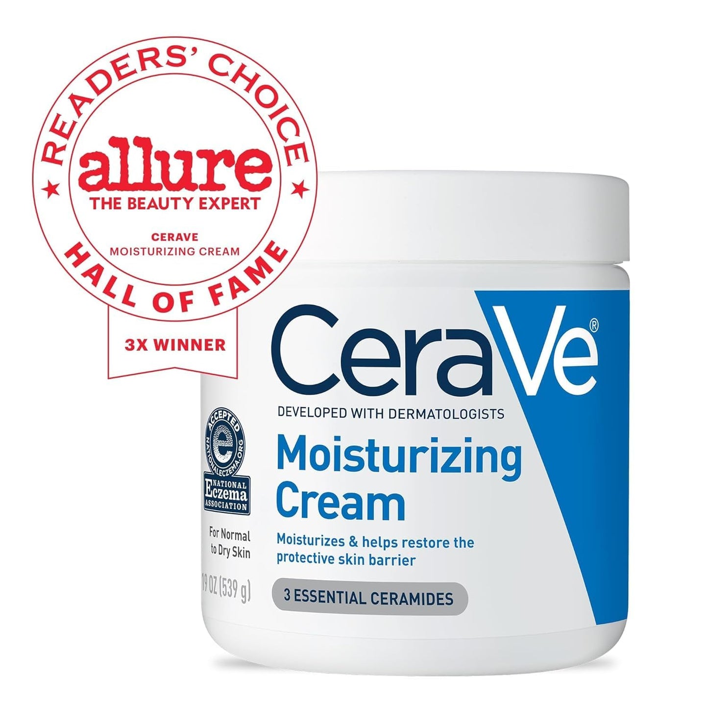 CeraVe fragrance free moisturizing cream 19 oz tub with Allure Readers' Choice award logo.