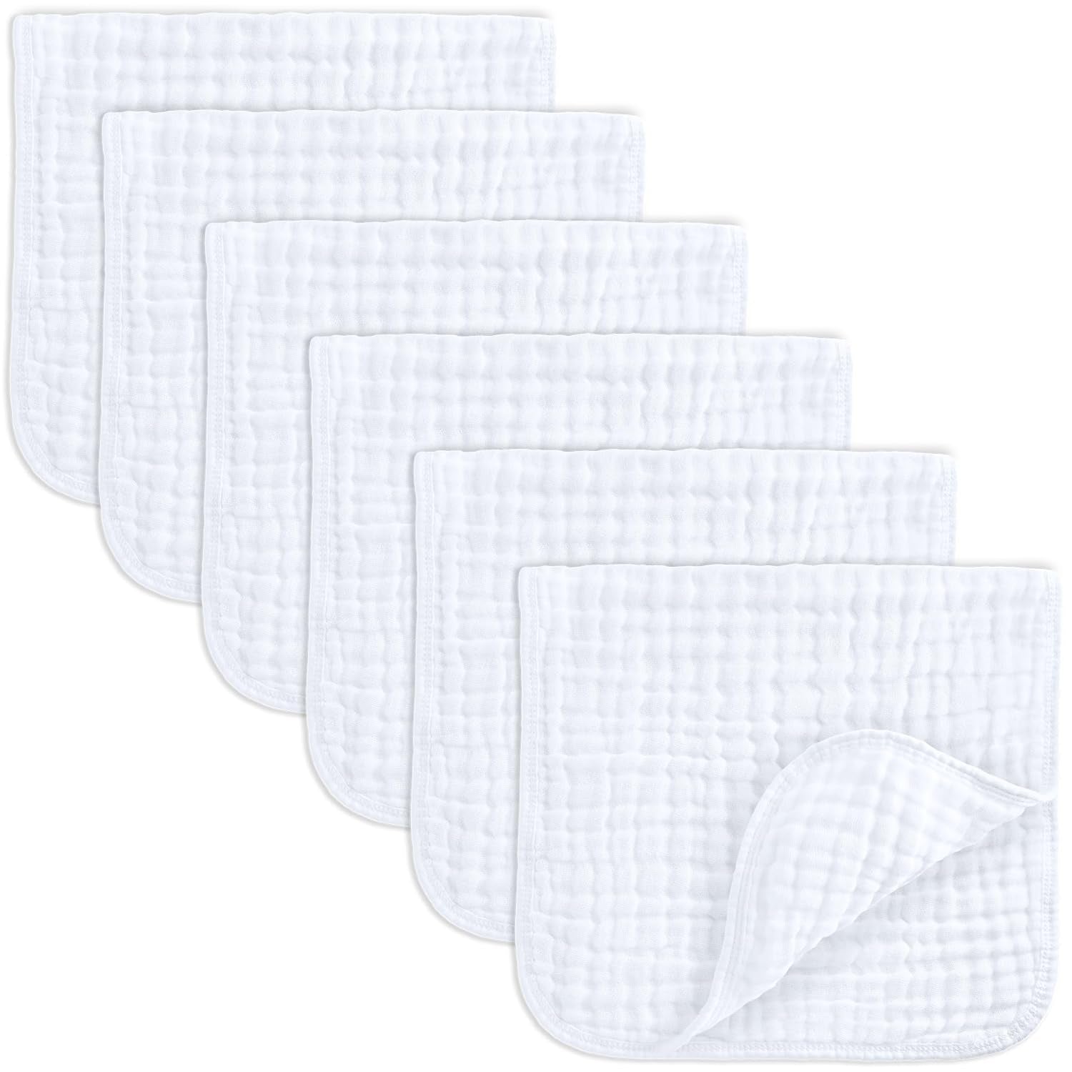 Comfy Cubs Muslin Burp Cloths 20" X 10", Pack of 6 - Large, 6-Layer, Ultra Absorbent 100% Cotton for Baby Spit-Up, Drool, and Messes - Soft, Safe & Gentle Baby Burp Cloths Set for Boys & Girls - White