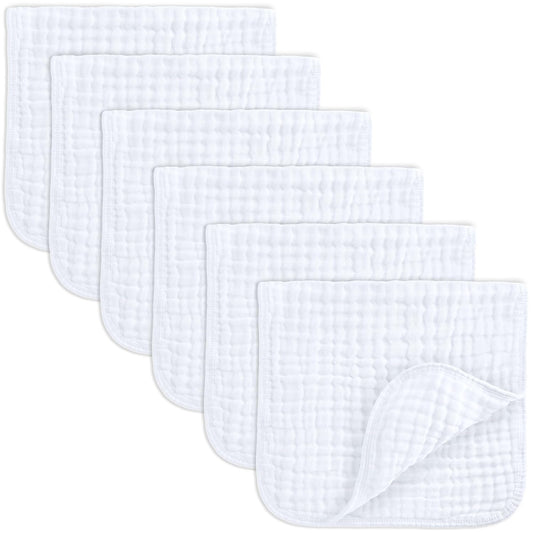 Comfy Cubs Muslin Burp Cloths 20" X 10", Pack of 6 - Large, 6-Layer, Ultra Absorbent 100% Cotton for Baby Spit-Up, Drool, and Messes - Soft, Safe & Gentle Baby Burp Cloths Set for Boys & Girls - White