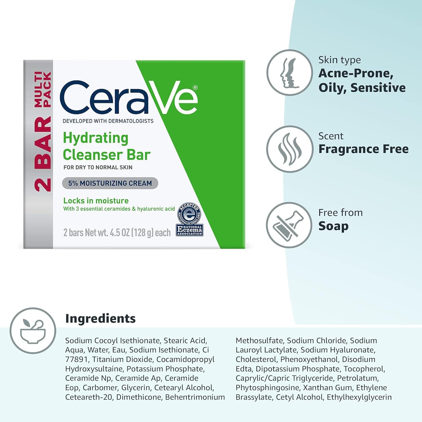 CeraVe Hydrating Cleanser Bar Soap-Free Body Facial Wash 4.5oz 2-Pack Box