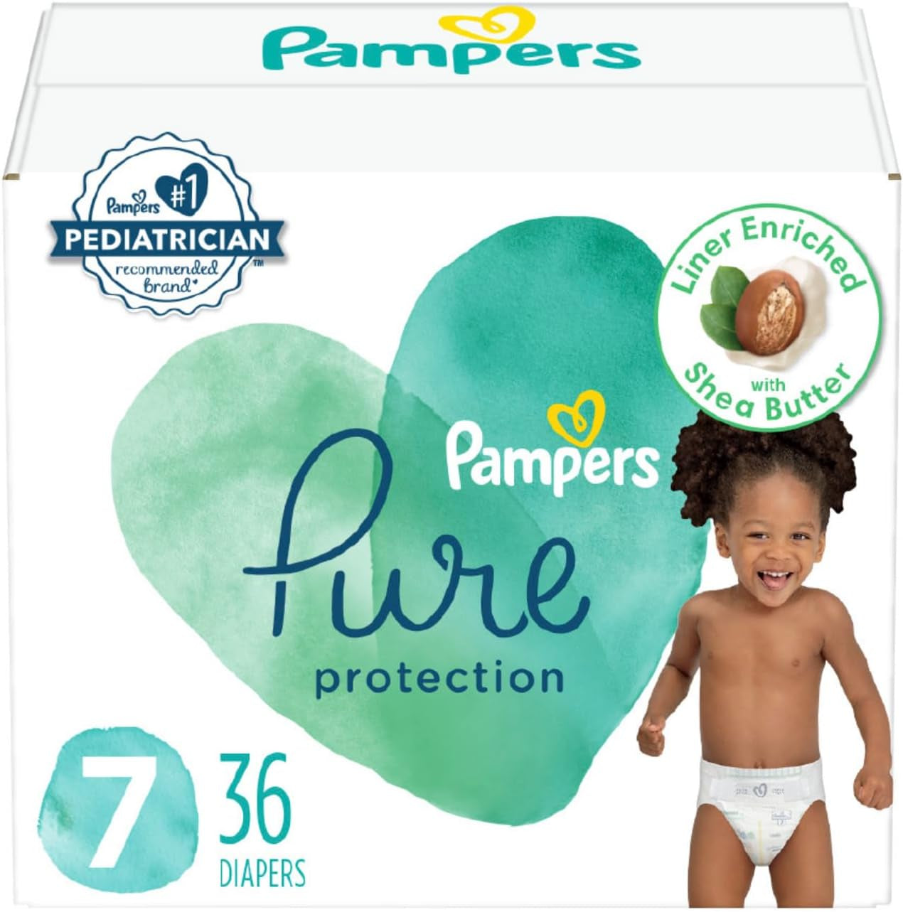 Pampers Pure Baby Diapers, Size 7, 36 Count, up to 100% Leakproof, Premium Hypoallergenic Soft Diapers