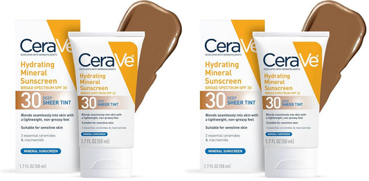 CeraVe Hydrating Tinted Mineral Sunscreen SPF 30 Deep Sheer Glow 1.7oz 2-Pack for radiant skin protection.