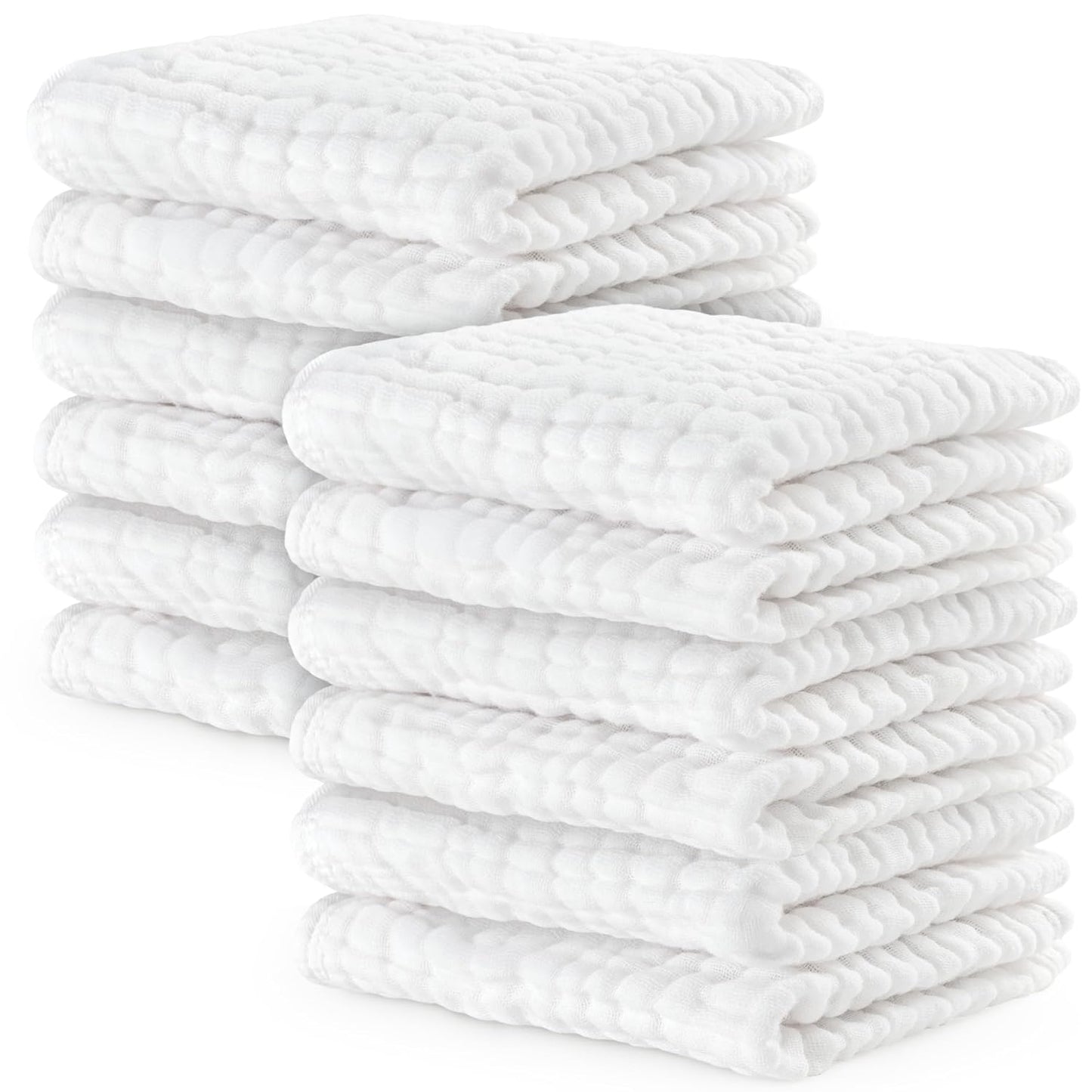 Comfy Cubs Muslin Baby Washcloths 10 Pack - Soft 6-Layer Cotton Wash Cloths for Sensitive Skin - 10"X10" Large, Gentle, Absorbent Infant Essentials for Newborn and Toddlers - White