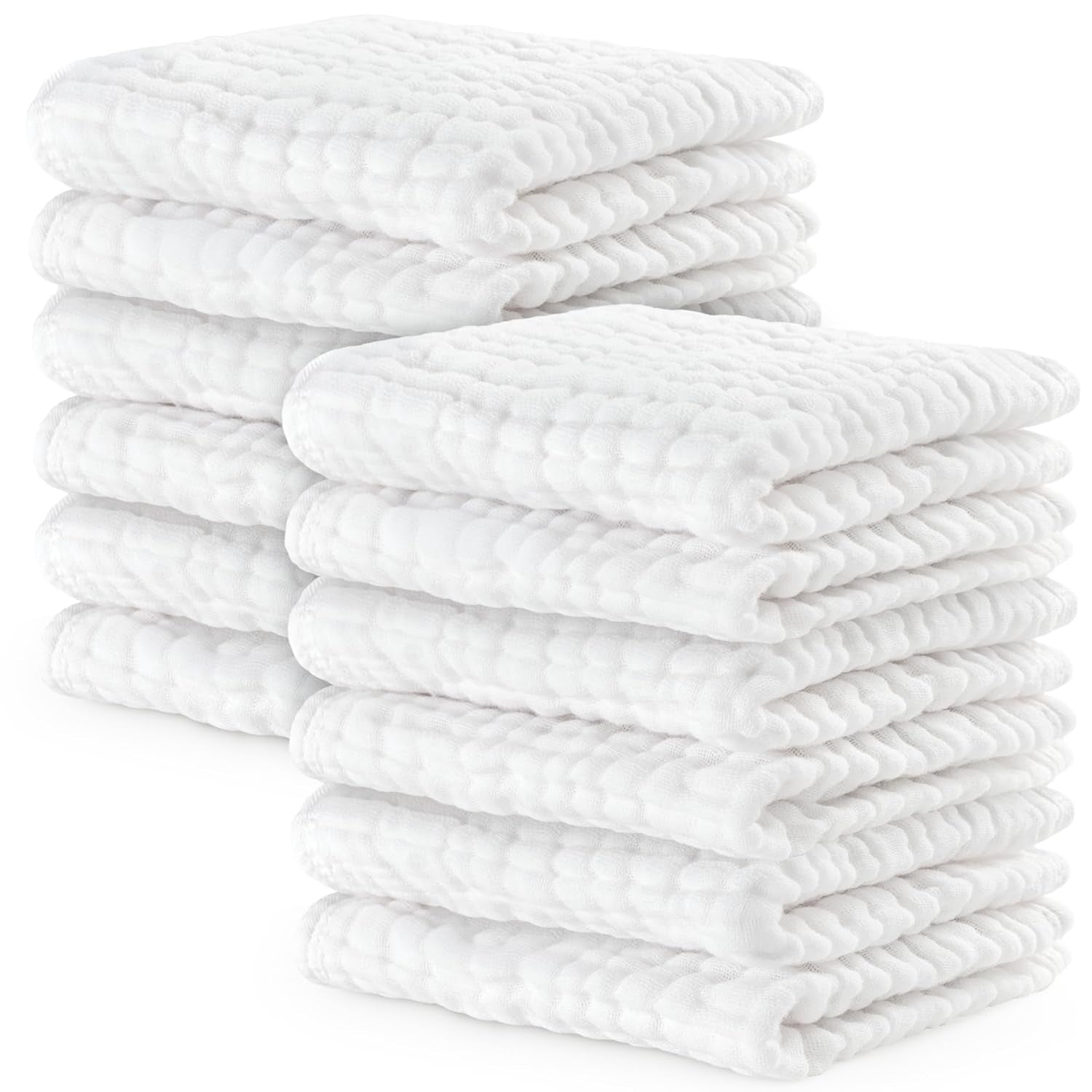 Comfy Cubs Muslin Baby Washcloths 10 Pack - Soft 6-Layer Cotton Wash Cloths for Sensitive Skin - 10"X10" Large, Gentle, Absorbent Infant Essentials for Newborn and Toddlers - White