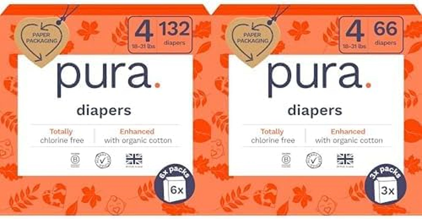 Pura Sensitive Skin Baby Diapers | Size 4 (18-31 Lbs) | Bulk, Hypoallergenic, Totally Chlorine Free, Fragrance Free, | 9 Packs of 22 (198 Diapers)