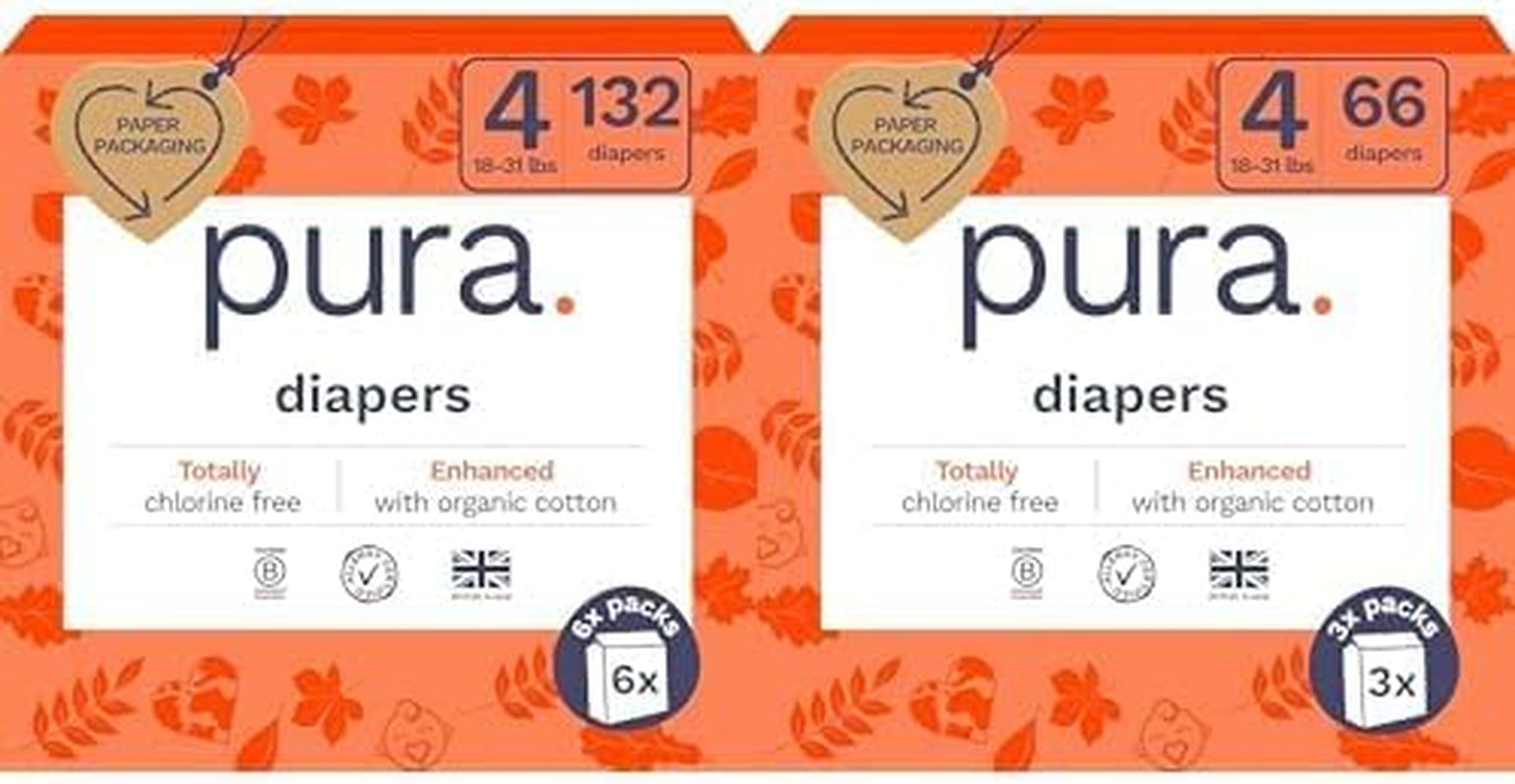 Pura Sensitive Skin Baby Diapers | Size 4 (18-31 Lbs) | Bulk, Hypoallergenic, Totally Chlorine Free, Fragrance Free, | 9 Packs of 22 (198 Diapers)