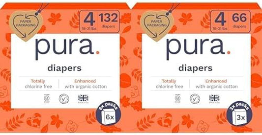 Pura Sensitive Skin Baby Diapers | Size 4 (18-31 Lbs) | Bulk, Hypoallergenic, Totally Chlorine Free, Fragrance Free, | 9 Packs of 22 (198 Diapers)