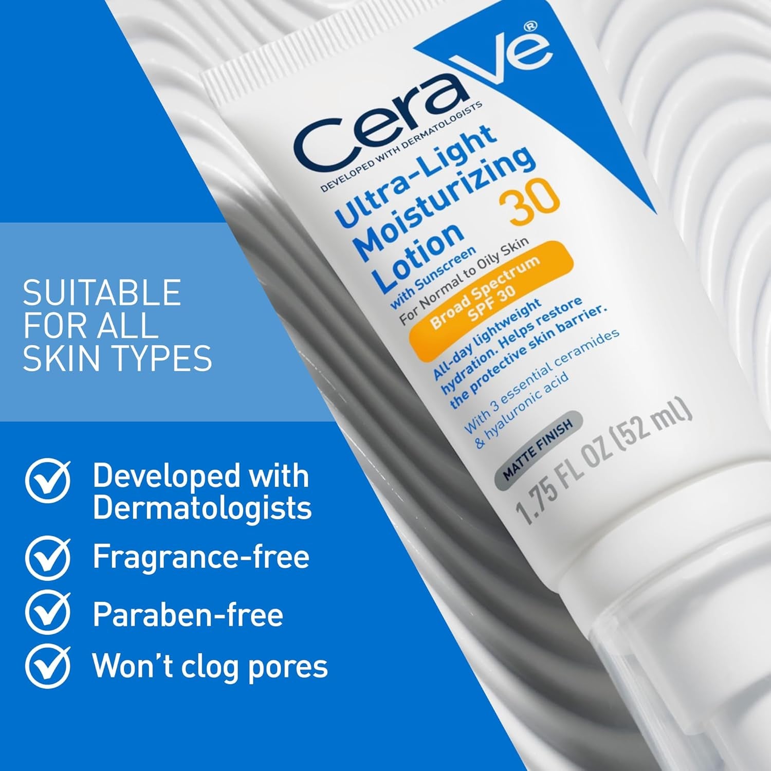 CeraVe face moisturizer SPF 30 Ultra-Light Moisturizing Lotion on a white background with skin-friendly features.