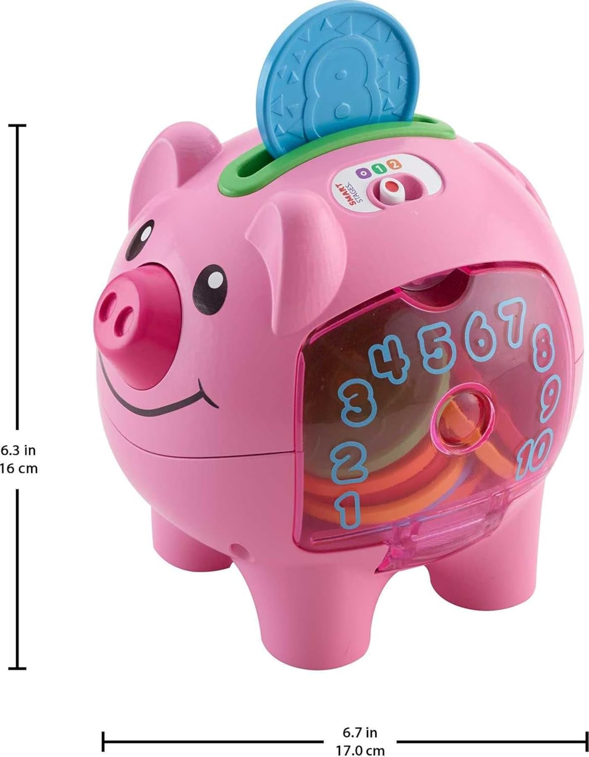Fisher-Price Smart Stages piggy bank toy featuring colorful coins and interactive sounds.