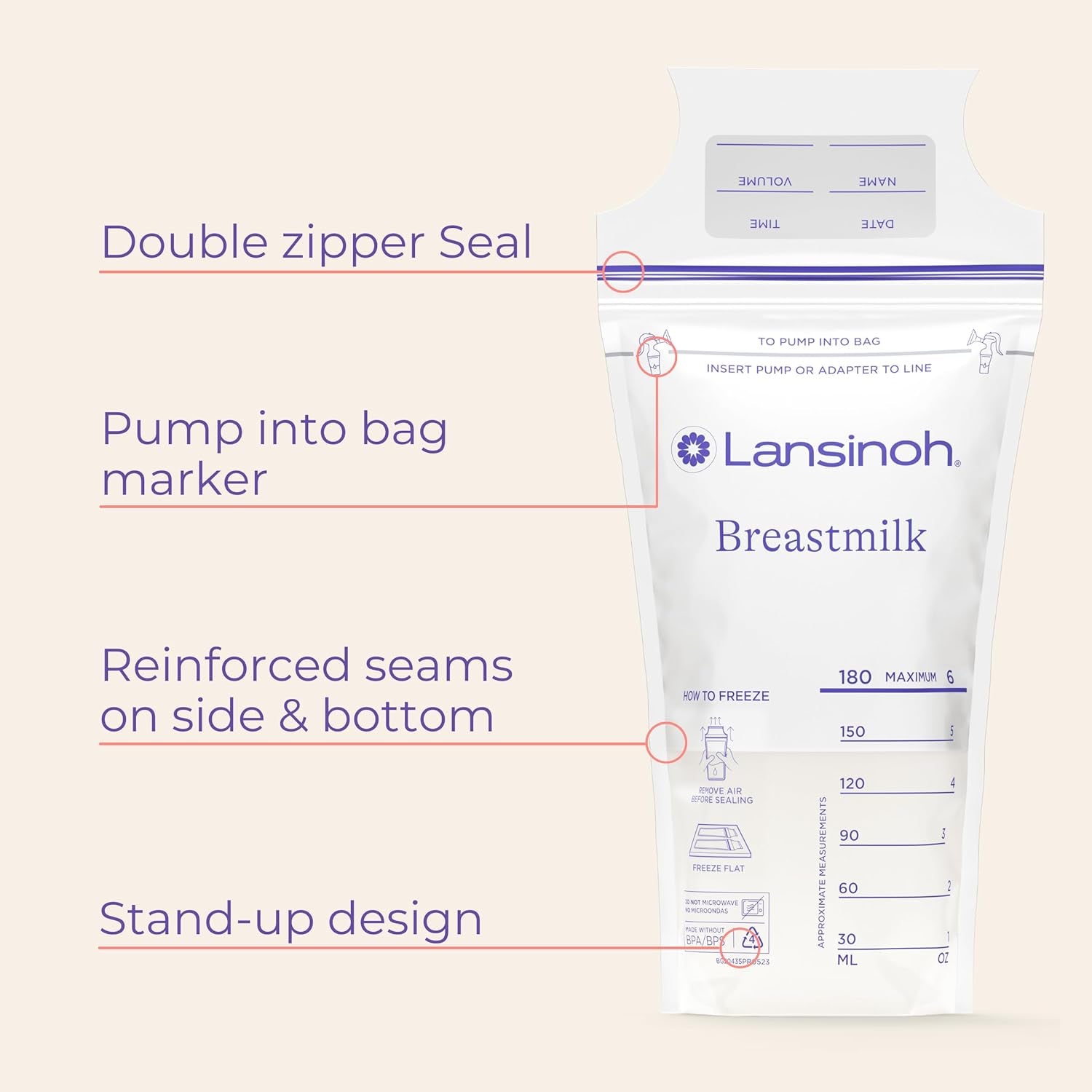 Lansinoh Breastmilk Storage Bags, 50 Count with 2 Pump Adapters, Baby Essentials, Fast Freeze & Thaw Breast Milk Bags for Baby Bottle Feeding, Strength & Stretch, 6 Ounce