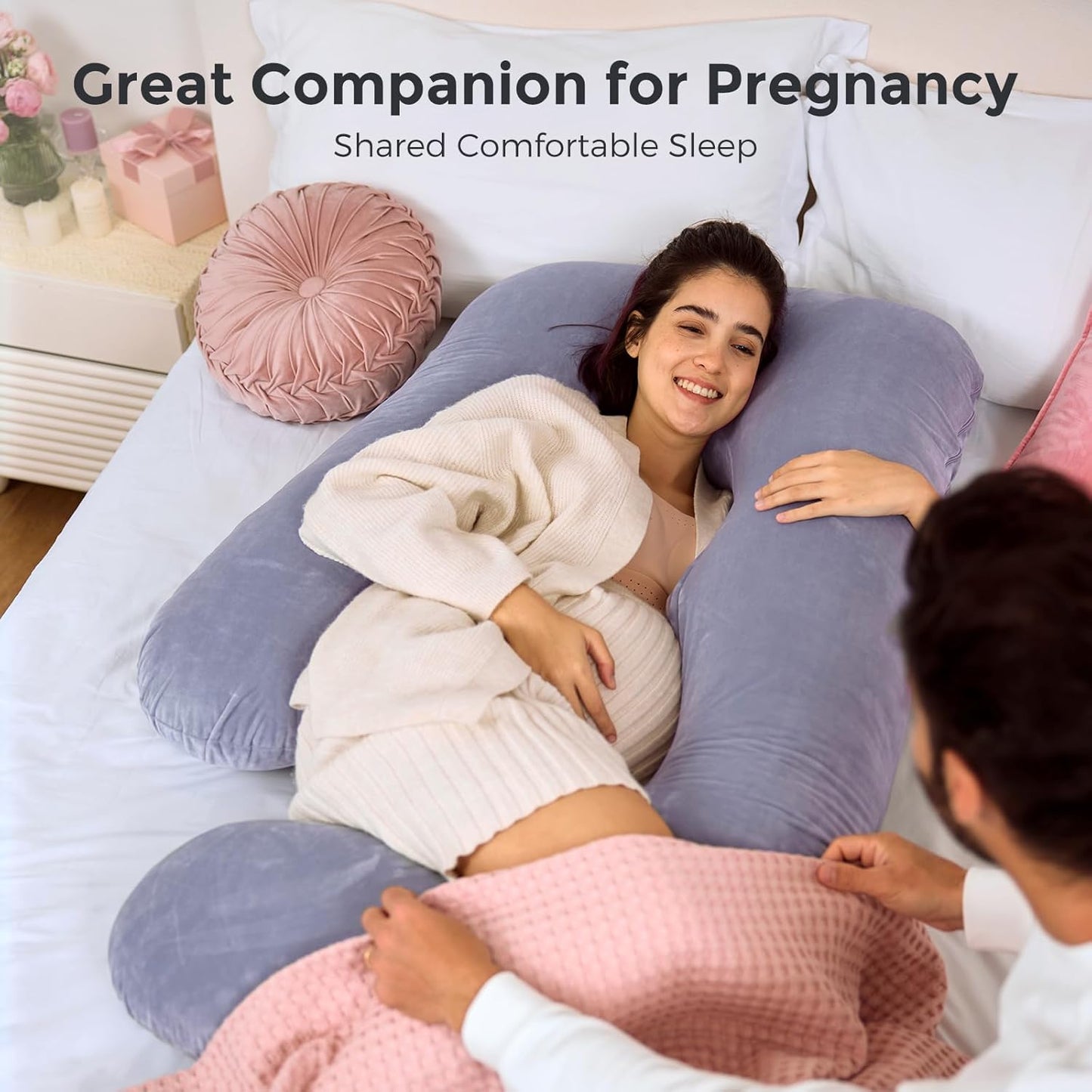 Momcozy Pregnancy Pillows for Sleeping, U Shaped Full Body Pillow for Pregnancy Women with Removable Jersey Cotton Cover, 57 Inch Maternity Pillow, Grey