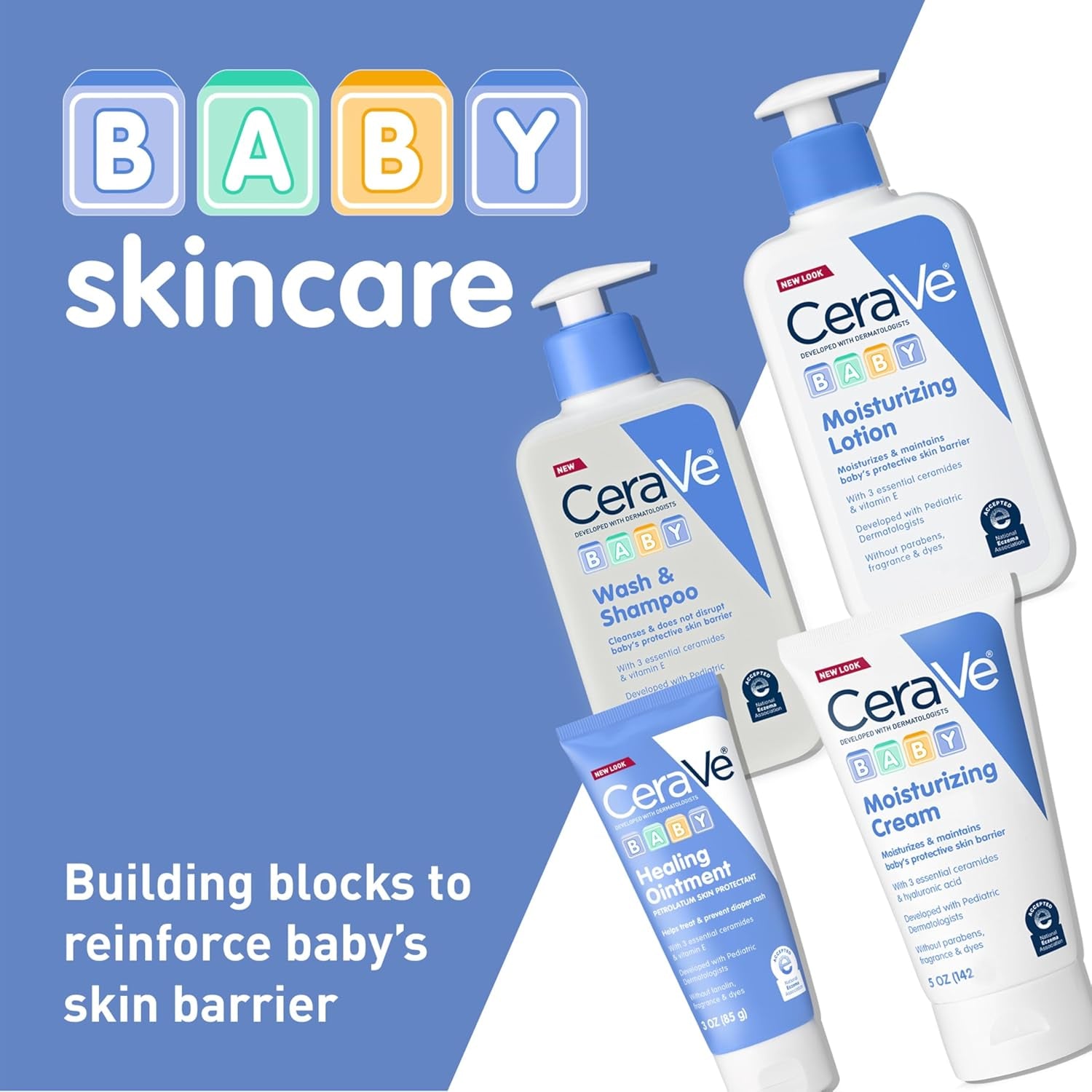 CeraVe Baby products including gentle baby moisturizing cream, wash & shampoo, lotion, and healing ointment for skincare.