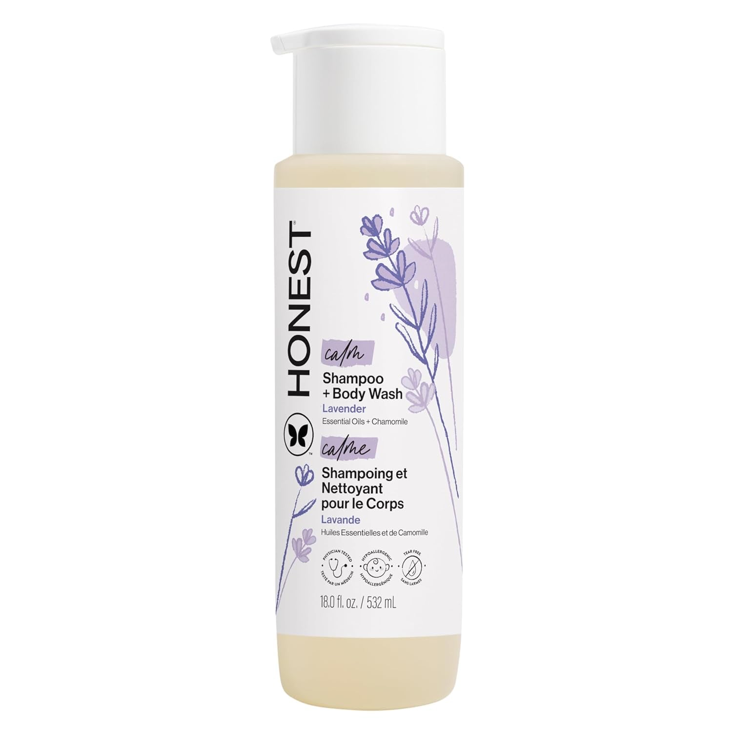 The Honest Company 2-In-1 Cleansing Shampoo Body Wash Gentle for Baby, Naturally Derived, Tear-Free, Hypoallergenic, Lavender Calm, 18 Fl Oz