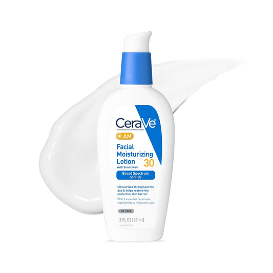 CeraVe AM facial sunscreen SPF 30 in a 3 oz bottle with moisturizing lotion and broad-spectrum protection.