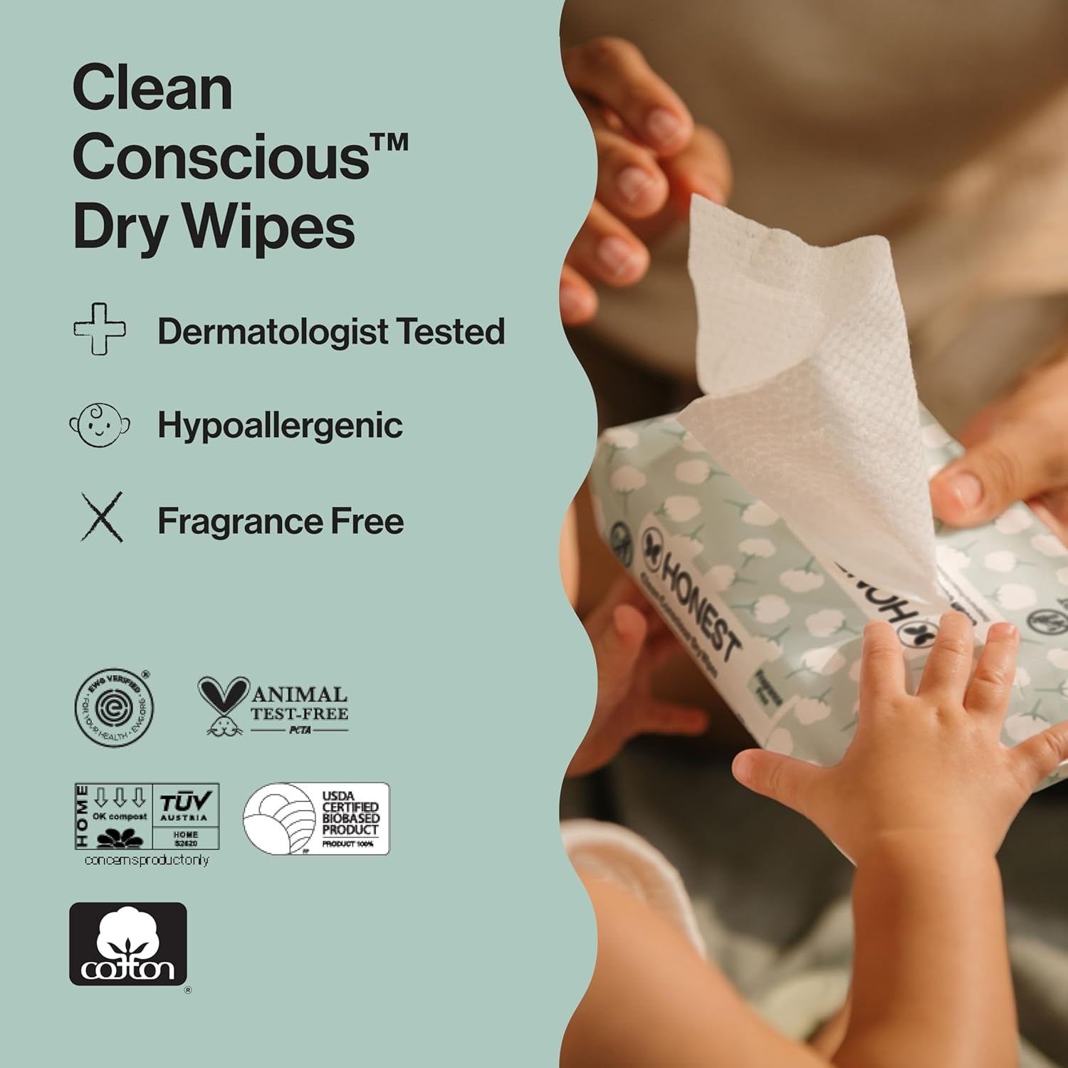 The Honest Company 100% Pure Organic Cotton Dry Wipes, Hypoallergenic, Multi-Use, Baby Facial Cloths, 192 Count