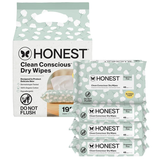 The Honest Company organic cotton baby wipes pack, hypoallergenic dry wipes for sensitive skin, 192 count.