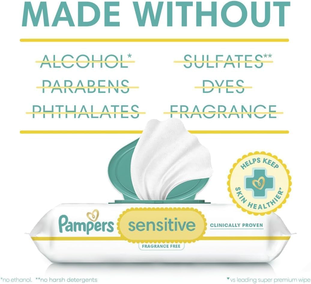 Pampers Sensitive Baby Wipes, Water Based Baby Wipes, Fragrance Free and Hypoallergenic, 192 Wipes Total (4X Refill Packs) [Packaging May Vary]