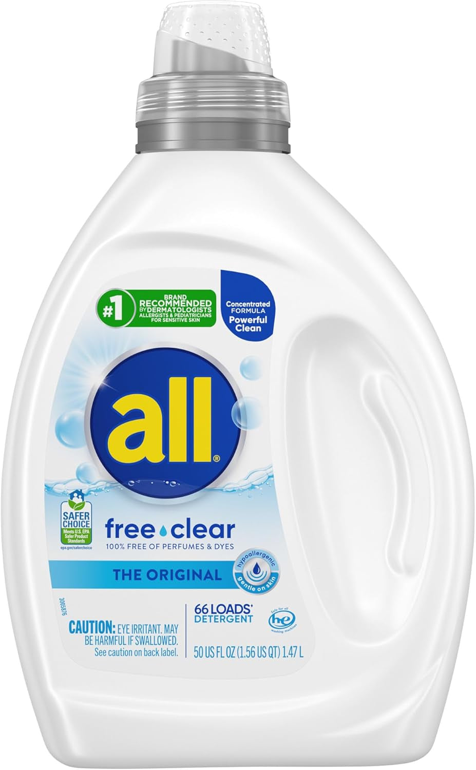 Free Clear, Original, Liquid Laundry Detergent for Sensitive Skin, Unscented and Hypoergenic, Concentrated, 50Oz, 66 Loads