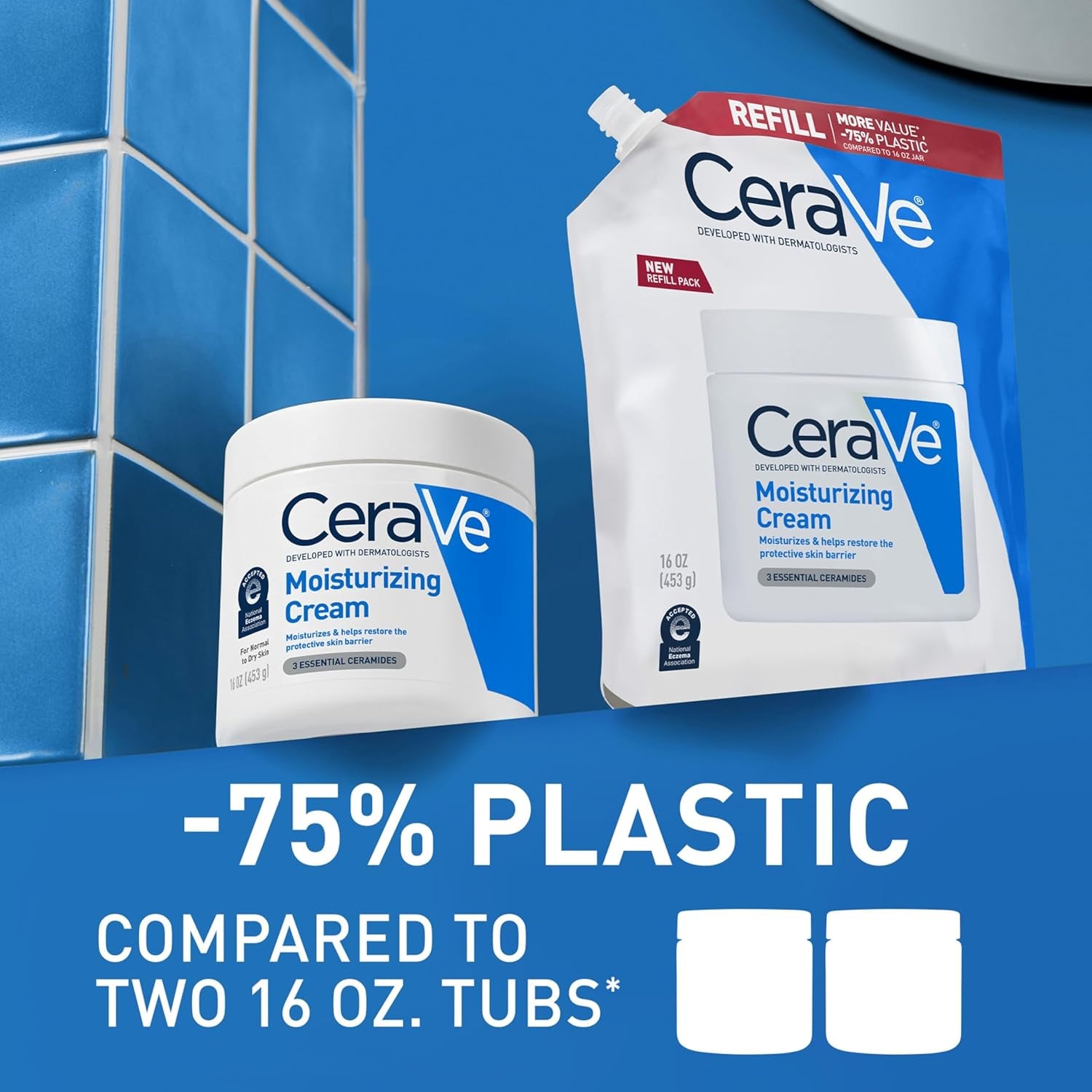 CeraVe moisturizing cream refill pouch and jar, eco-friendly, 75% less plastic, 16 oz, moisturizing cream for skin health.
