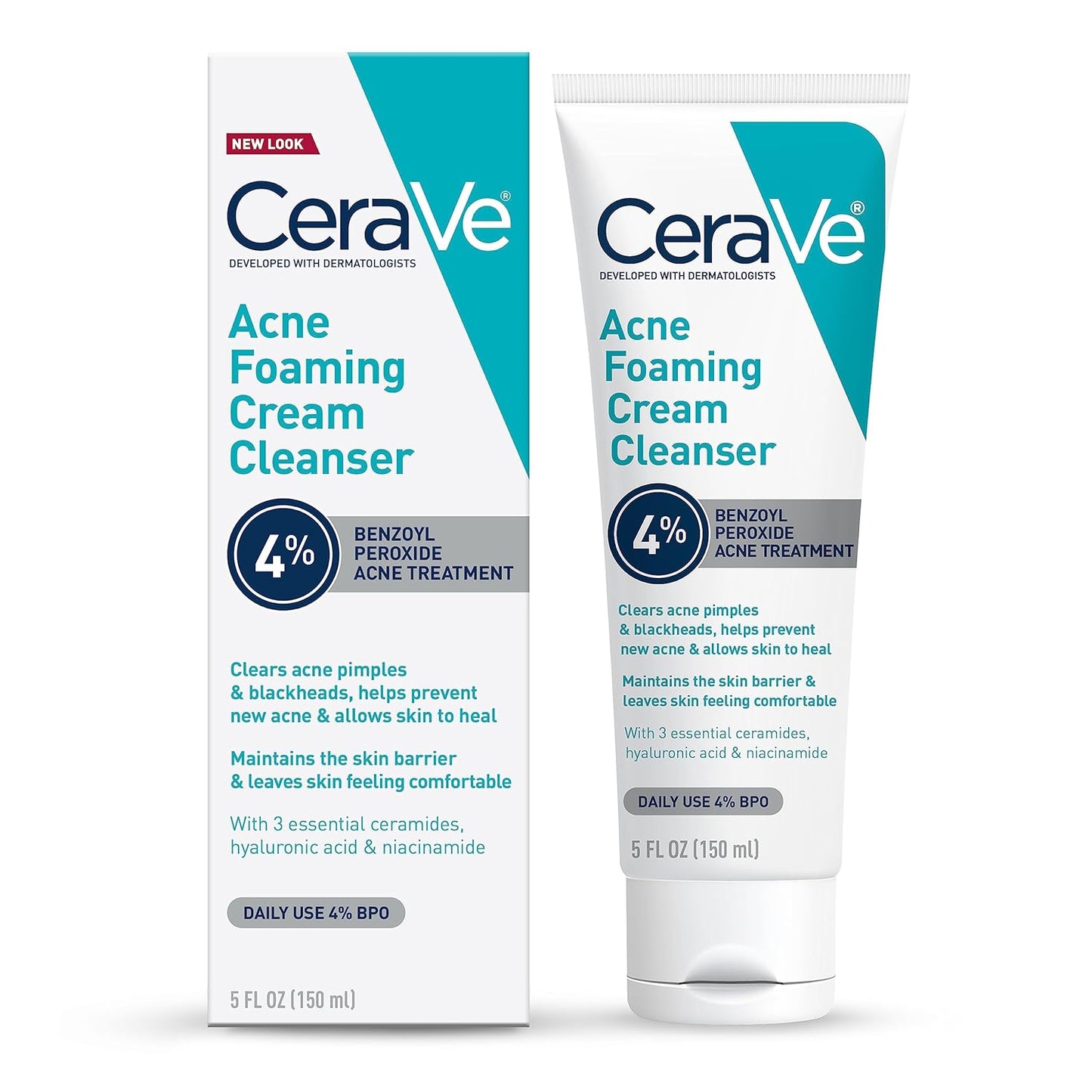 CeraVe acne foaming face wash 4% Benzoyl Peroxide Acne Treatment in a 5 oz tube for clear skin.