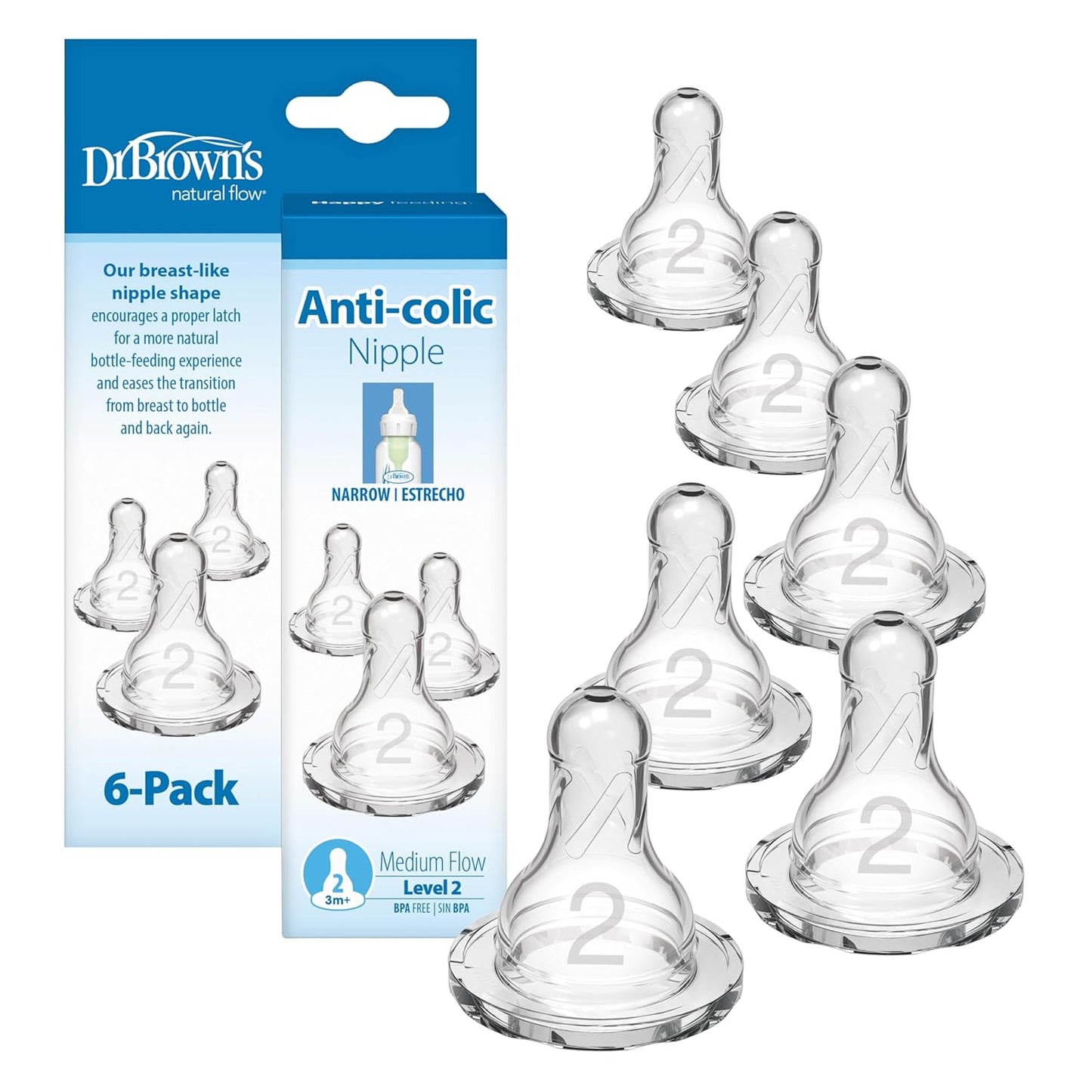 Dr. Brown'S Natural Flow Level 4 Baby Bottle Silicone Nipple, Fast Flow, 9M+, 100% Silicone Bottle Nipple, 6 Count (Pack of 1)