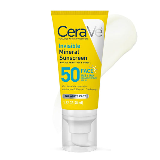 CeraVe Invisible Mineral Sunscreen SPF 50 Face 1.62 oz with no white cast for all skin types and tones.