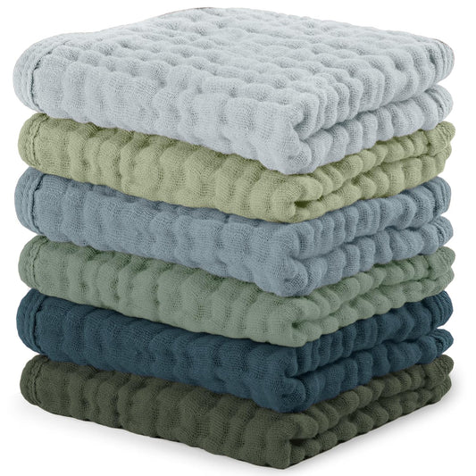 Comfy Cubs Muslin Baby Washcloths 6 Pack - Soft 6-Layer Cotton Wash Cloths for Sensitive Skin - 10"X10" Large, Gentle, Absorbent Infant Essentials for Newborn and Toddlers - Multi Boy