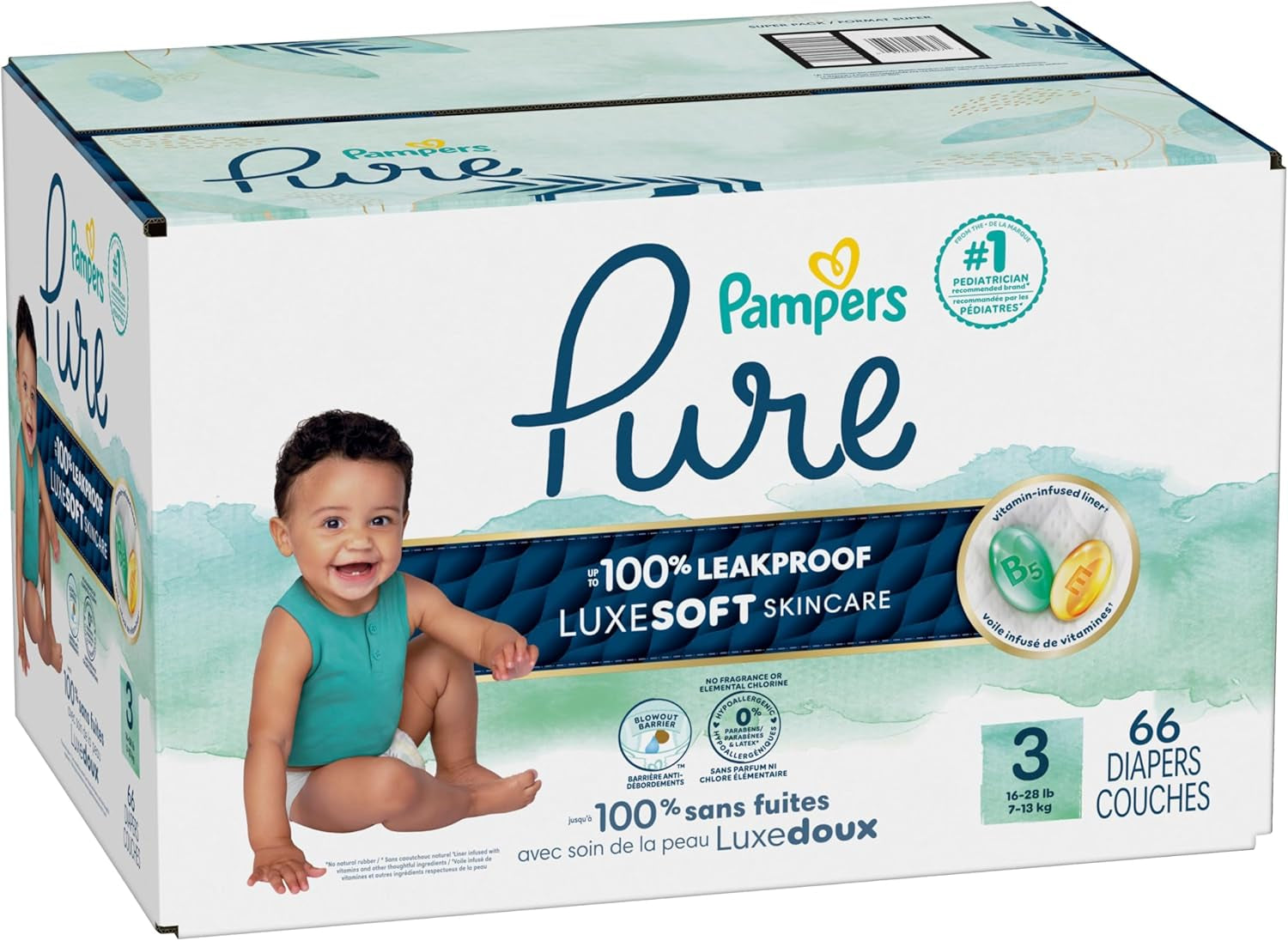 Pampers Pure Baby Diapers, Size 3 (16-28 Lbs), 66, up to 100% Leakproof, Premium Hypoallergenic Soft Diapers