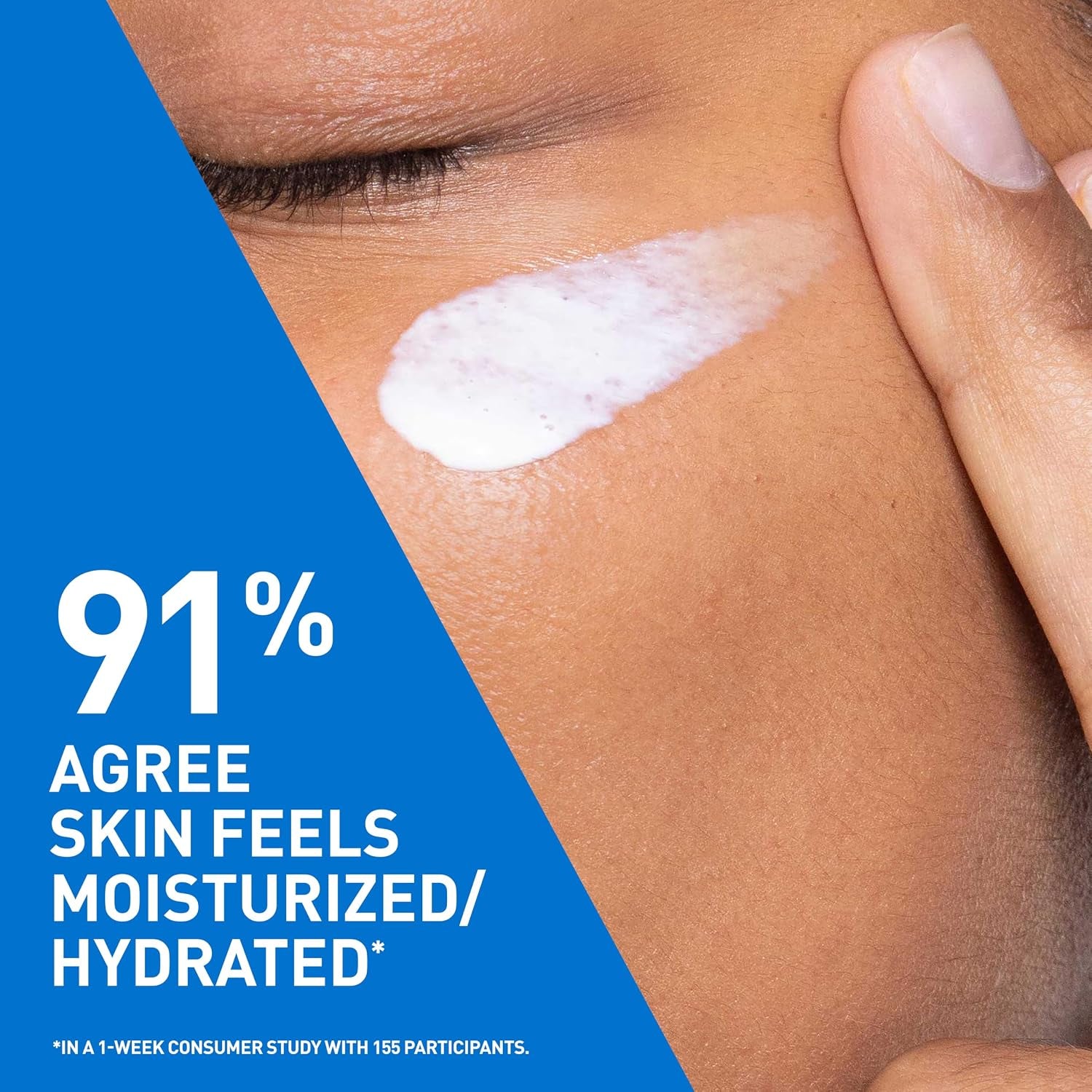 CeraVe AM facial sunscreen SPF 30 shown on skin, highlighting 91% agree skin feels moisturized/hydrated.