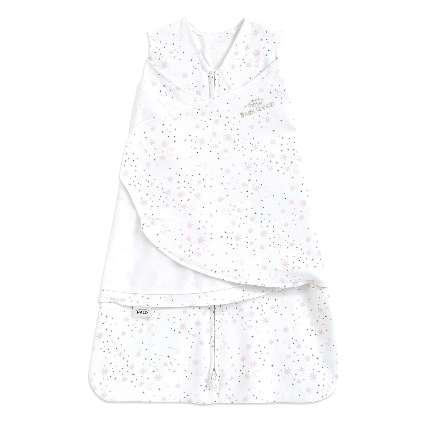 HALO 100% Cotton Sleepsack Swaddle, 3-Way Adjustable Wearable Blanket, TOG 1.5, Midnight Moons Pink, Newborn, 0-3 Months