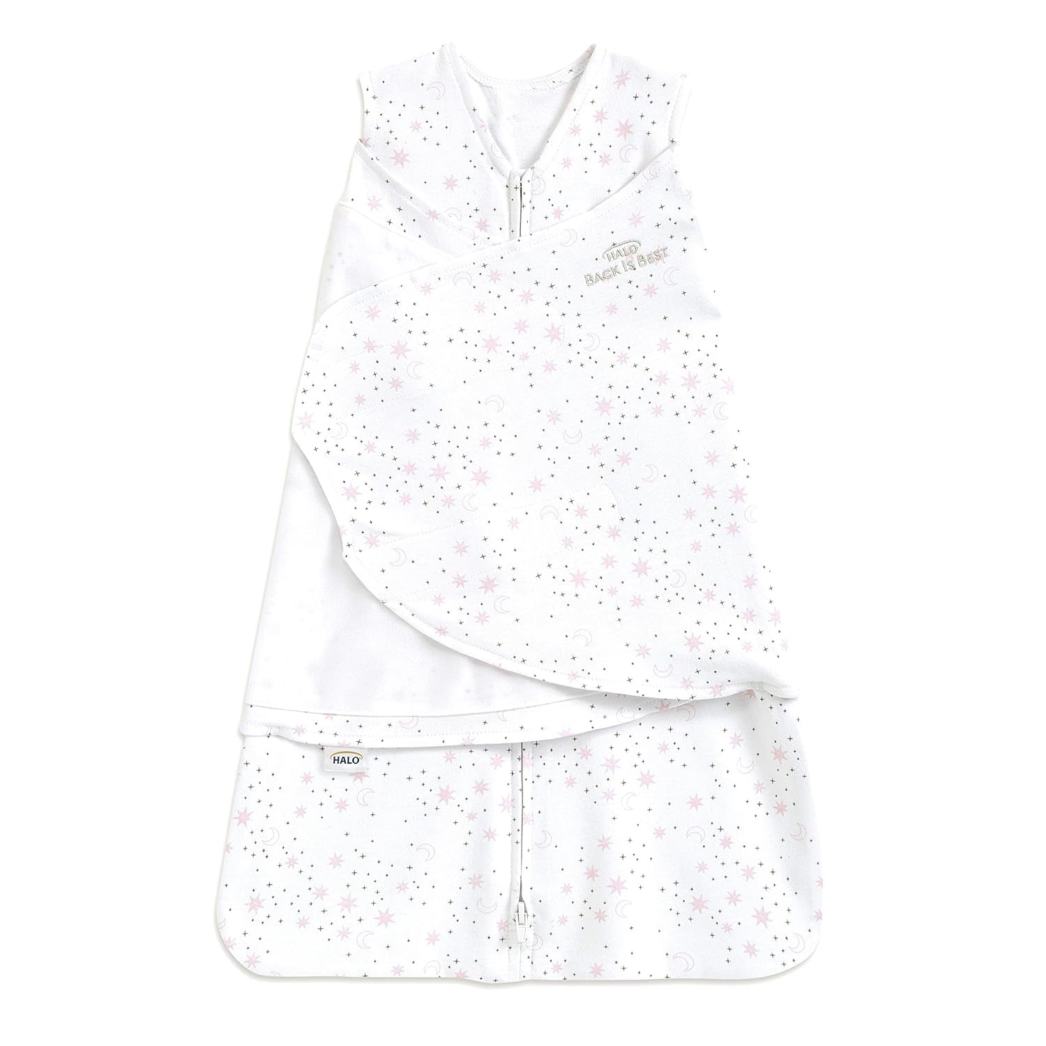 HALO 100% Cotton Sleepsack Swaddle, 3-Way Adjustable Wearable Blanket, TOG 1.5, Midnight Moons Pink, Newborn, 0-3 Months