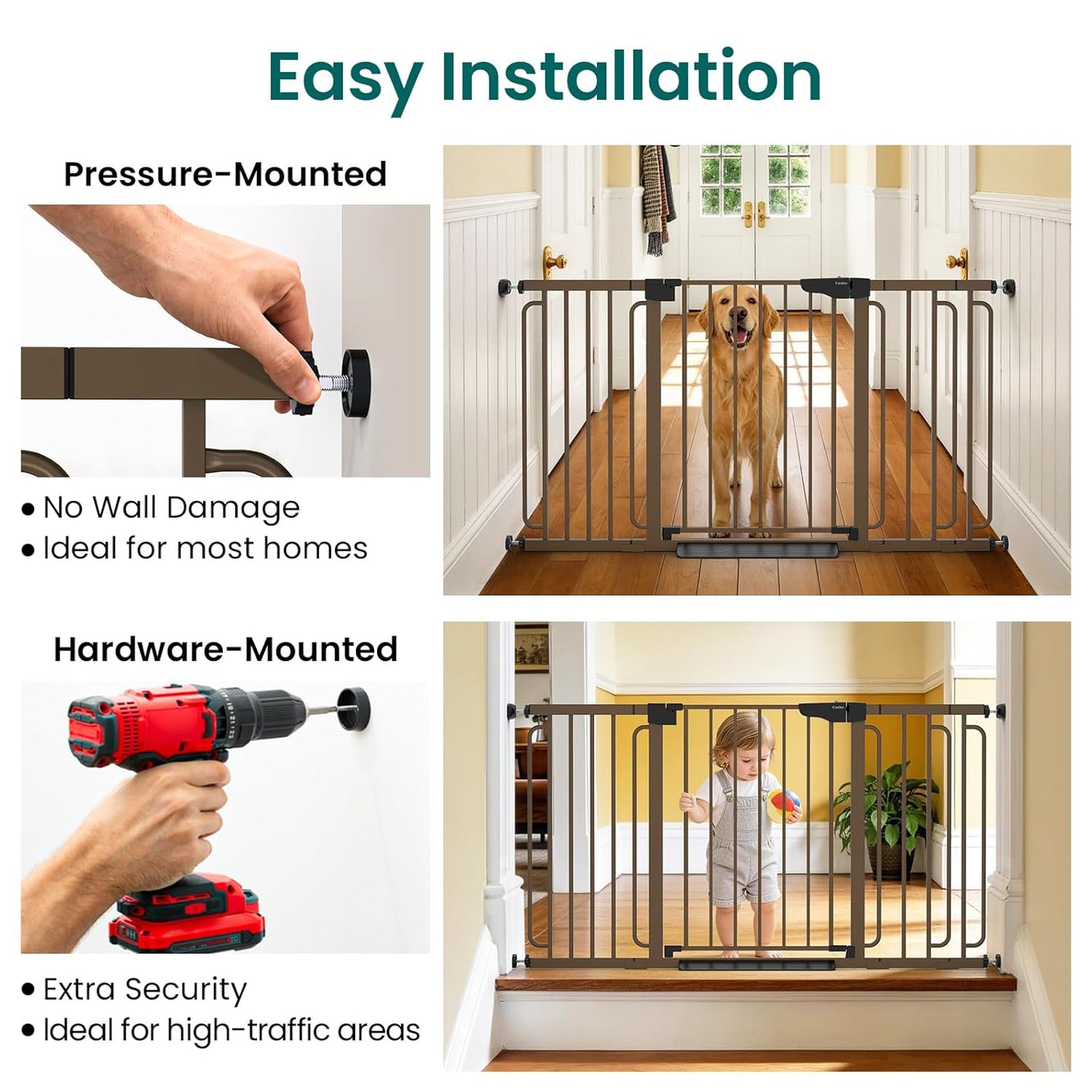 Cumbor 30.4-56.8" Extra Wide Baby Gate for Stairs, Dual Lock & Self-Closing Dog Gate Indoor, Easy Install Pet Gate for Doorways & Wide Openings, Easy Walk Thru Safety Proofing for Babies & Pets, Brown