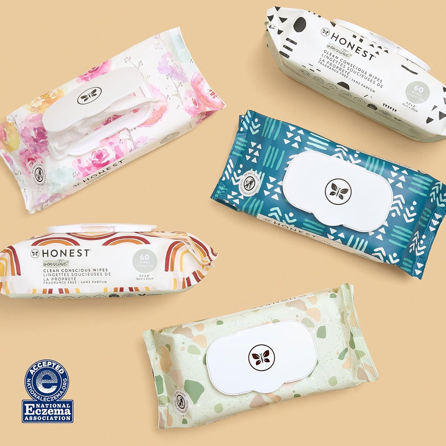 Assorted The Honest Company baby wipes featuring hypoallergenic baby wipes for sensitive skin in colorful packaging.