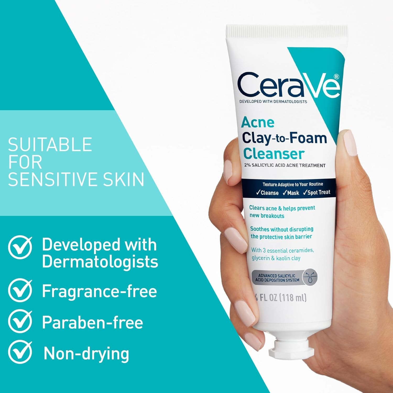 CeraVe Clay To Foam Acne Face Wash Salicylic Acid Acne Face Wash 4oz in hand, suitable for sensitive skin and dermatologist developed.