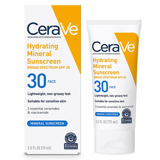 CeraVe 100% Mineral Sunscreen Face SPF 30 Niacinamide travel size 2.5 oz for all day hydration, mineral sunscreen for face travel size.