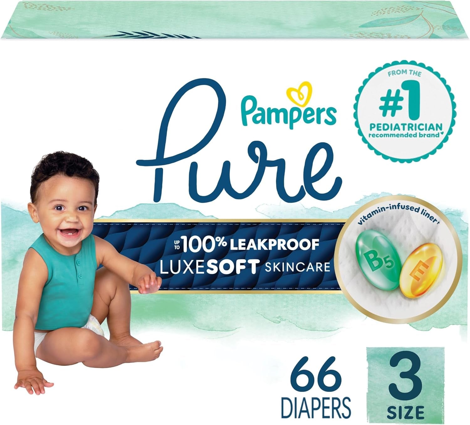 Pampers Pure Baby Diapers, Size 3 (16-28 Lbs), 66, up to 100% Leakproof, Premium Hypoallergenic Soft Diapers