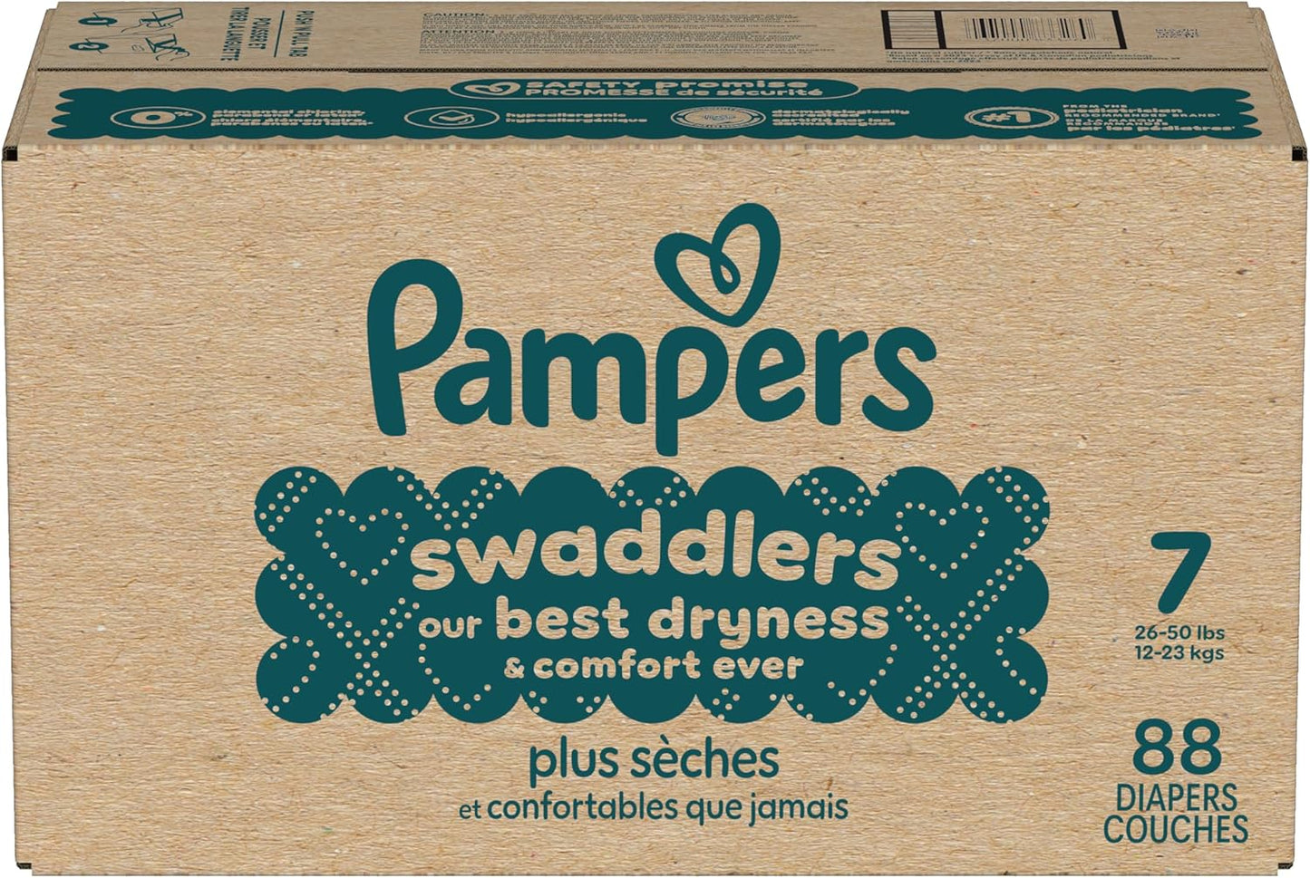 Pampers Swaddlers Diapers, Size 7 (26-50 Lbs), 88 Count, Absorbent, Keeps Baby Dry and Comfortable, Skin Safe Disposable Baby Diaper (Packaging May Vary)