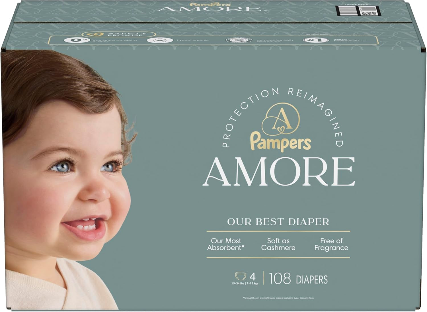 Pampers Amore, Size 6 (23-44 Lbs), 72 Count, Our Best Diaper – Hypoallergenic & Fragrance Free, up to 100% Leakproof, Soft as Cashmere